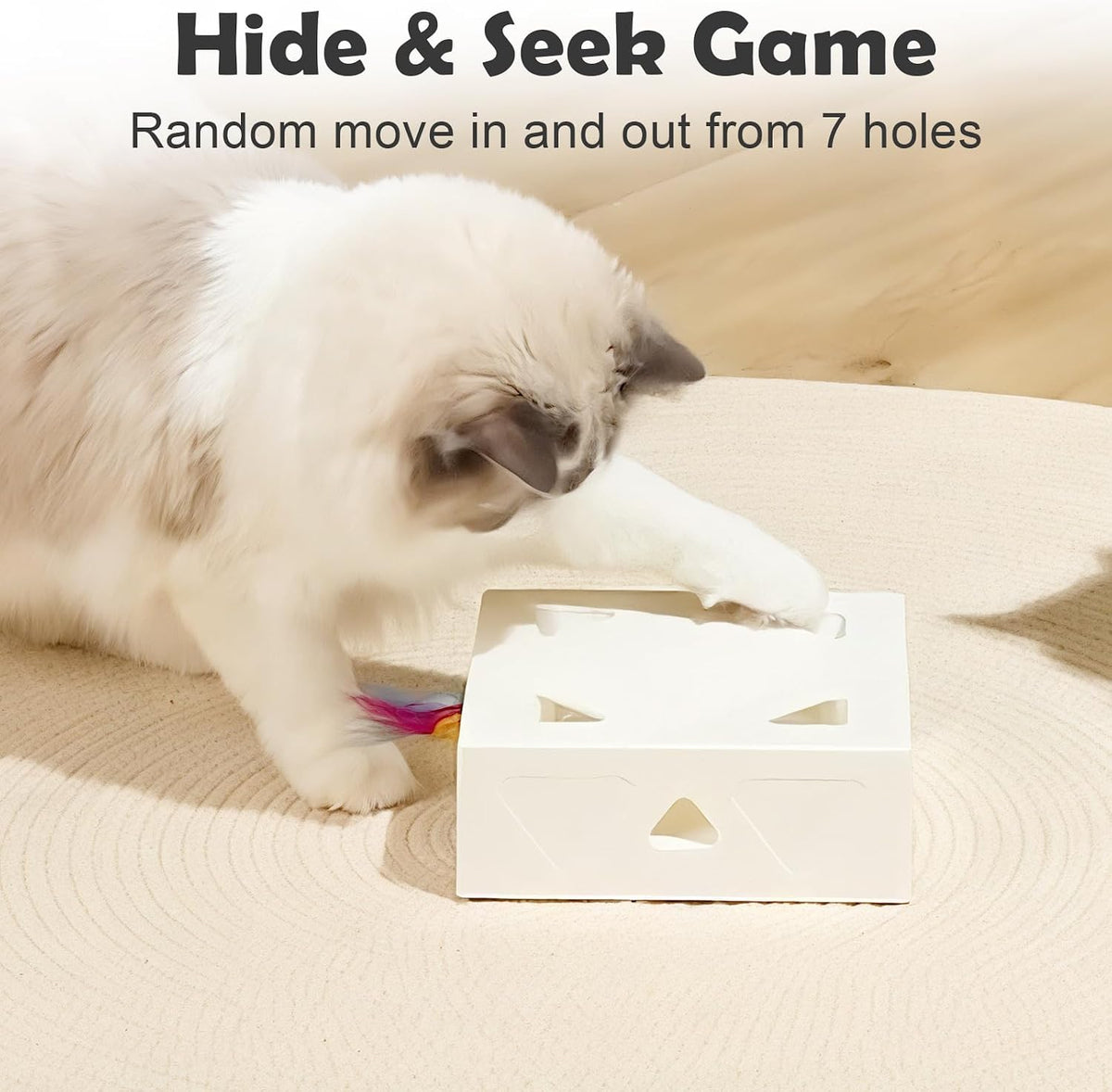 Interactive Cat Toys -Migibox for Indoor Bored Cats, Automatic Pop Out Feathers from 7 Holes Randomly, Motion Activated, USB Rechargeable (Purple Skin)