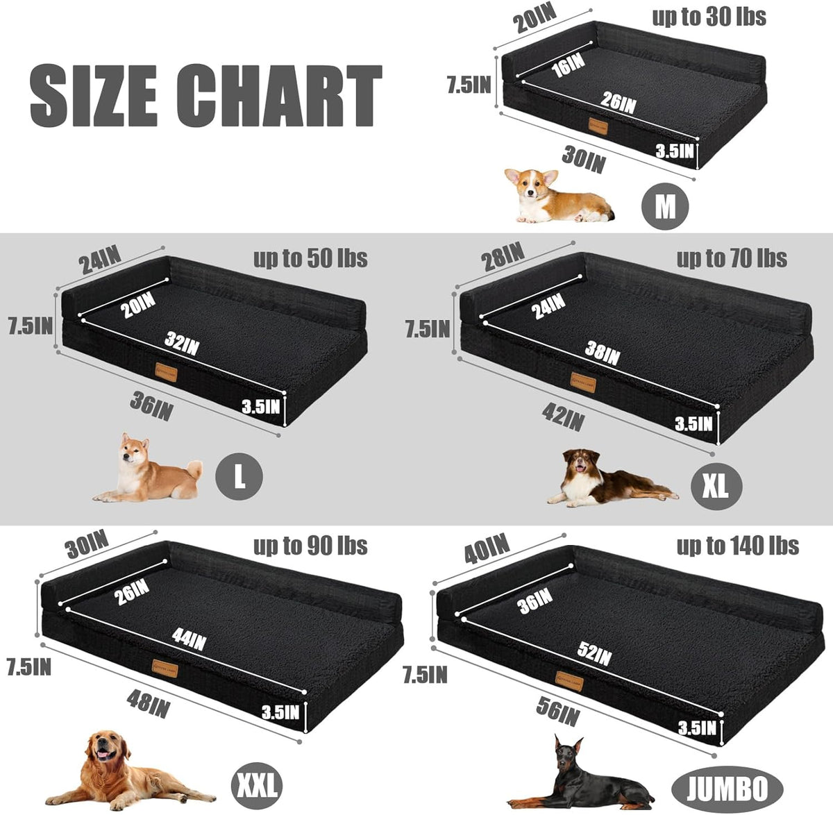 Patas Lague Orthopedic Dog Bed Large Sized Dog 36''X24'', Waterproof L Bolster Medium Pet Sofa Beds with Removable Washable Cover, Soft Pet Couch Crate Mat with Nonskid Bottom, Black