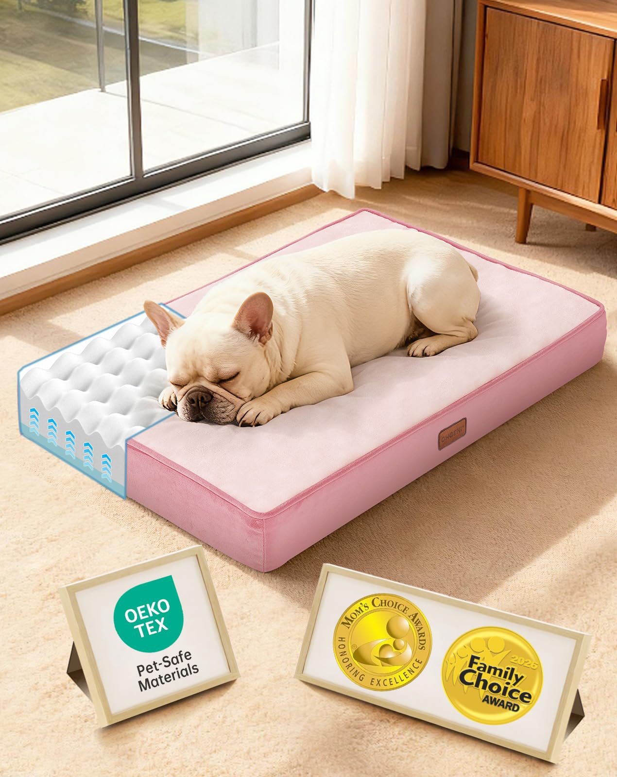 OhGeni Orthopedic Waterproof Dog Bed for Extra Large Dogs, Machine-Washable Removable Cover in Easy-Clean Fabric, Reversible Memory Foam & Easy-Carry Handle, Suitable for Crate, 41 inch (Gray)