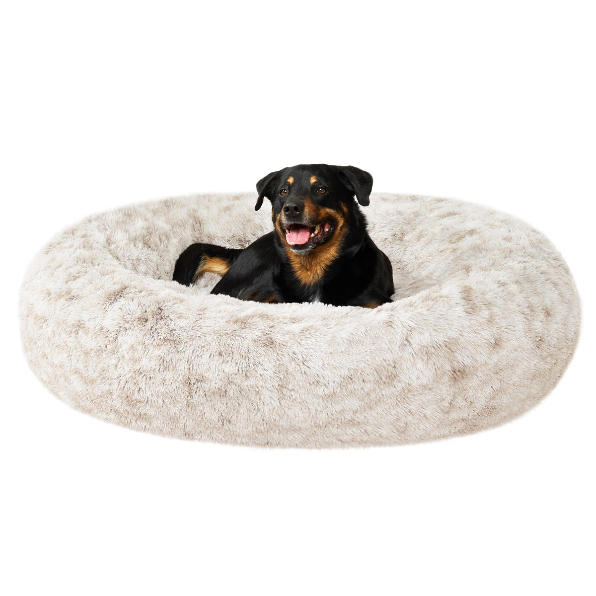 Furhaven 30" Round Calming Donut Dog Bed for Medium/Small Dogs, Refillable w/ Removable Washable Cover, For Dogs Up to 45 lbs - Shaggy Plush Long Faux Fur Donut Bed - Taupe, Medium