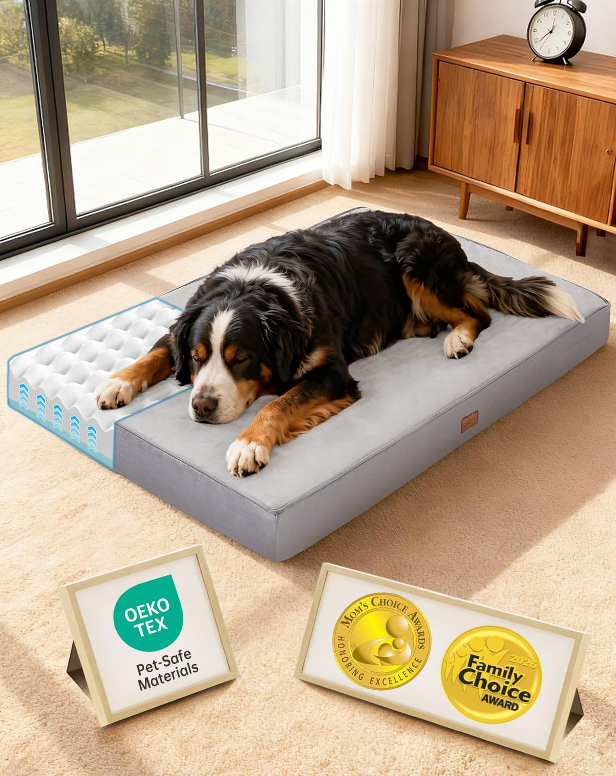 OhGeni Orthopedic Waterproof Dog Bed for Extra Large Dogs, Machine-Washable Removable Cover in Easy-Clean Fabric, Reversible Memory Foam & Easy-Carry Handle, Suitable for Crate, 41 inch (Gray)