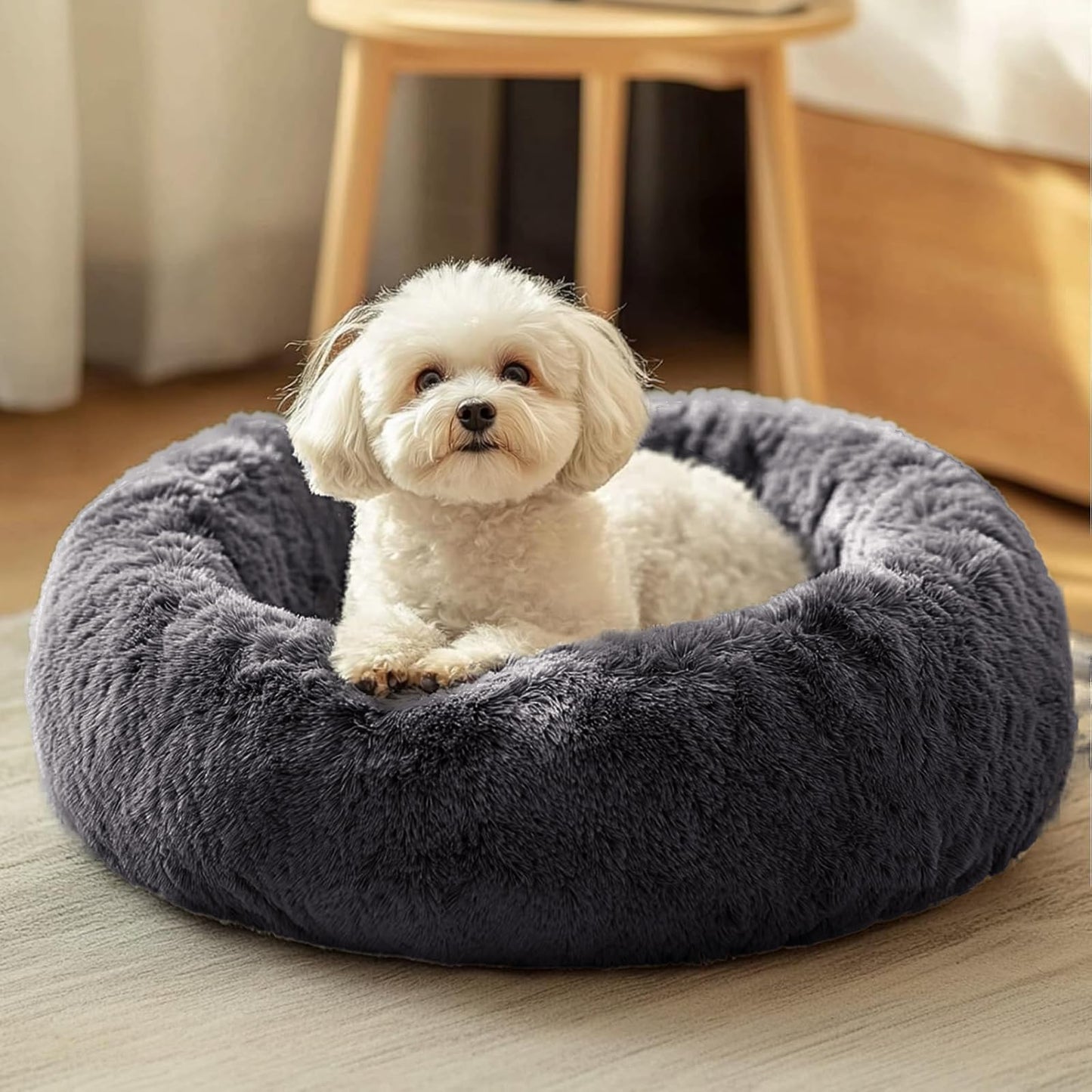 JOLLYVOGUE Small Dog Bed, Calming Soft Anti-Anxiety Donut Cat Bed, Washable Round Fluffy Cushion for Small and Medium Pets (20")