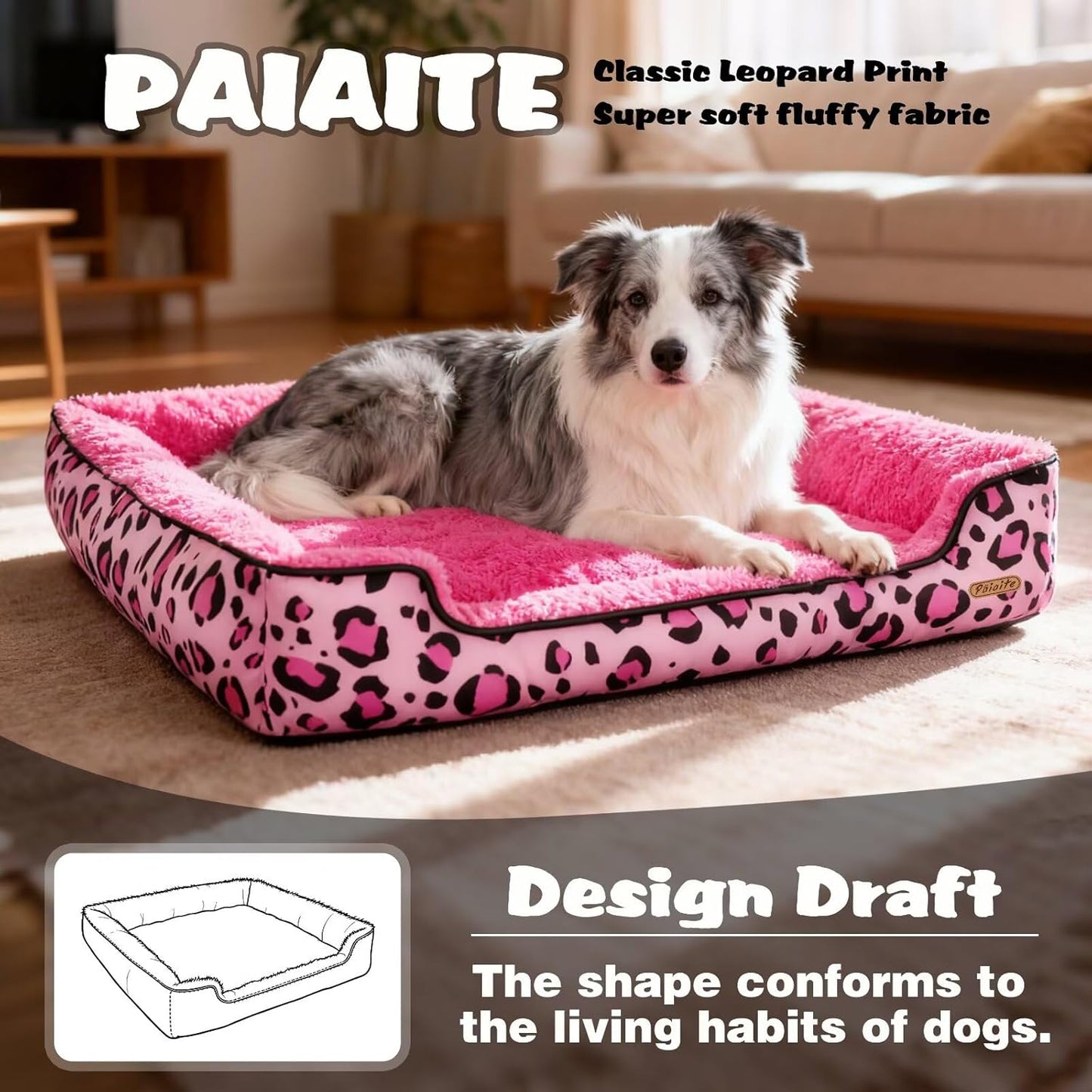Rectangle Washable Dog Bed for Large, Medium & Small Dogs – Soft Calming Puppy Beds, Durable Warm Pet Sofa with Non-Slip Bottom for Indoor Use.Pink S Size (18.9"x18.9"x6.3")