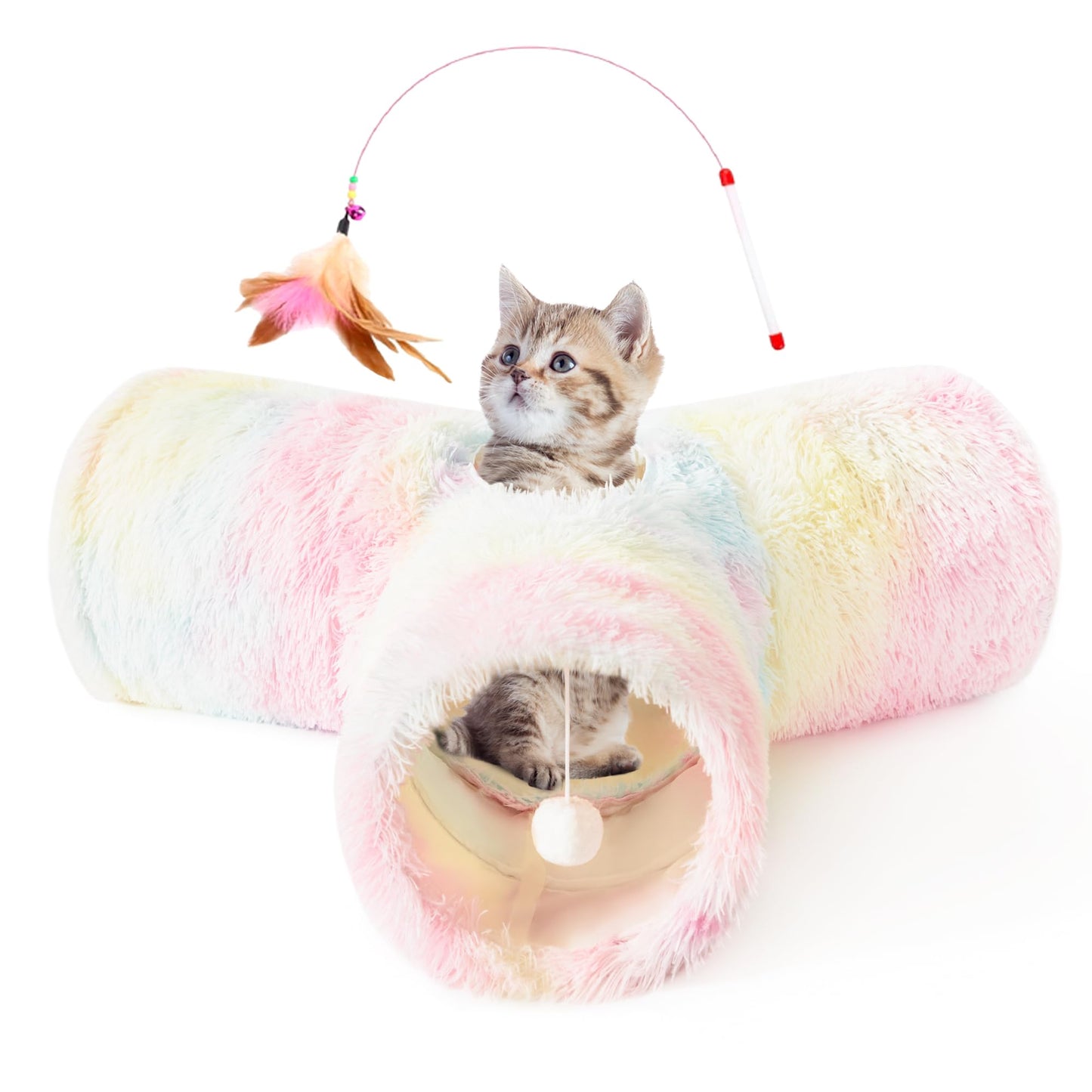 Tempcore Pet Cat Tunnel Tube Toys 3 Way Collapsible, Tunnels for Indoor Cats, Interactive Tube with Teaser Wand, Peek Holes & Hanging Ball, Black & Blue