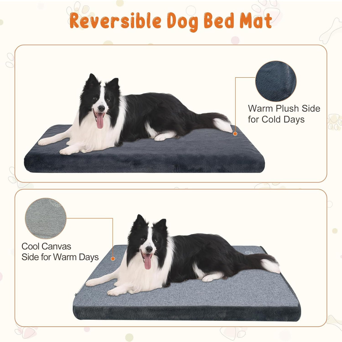 EMPSIGN Stylish Dog Bed Mat Dog Crate Pad Mattress Reversible (Cool & Warm), Water Proof Linings, Removable Machine Washable Cover, Firm Support Pet Crate Bed for Small to XX-Large Dogs, Grey