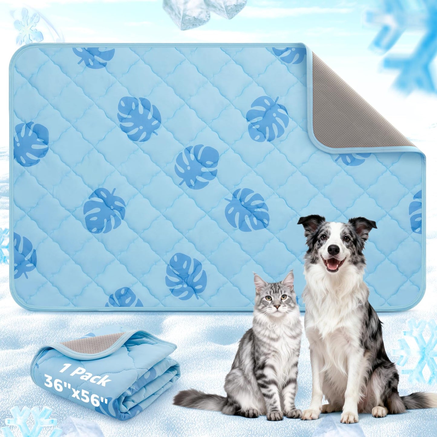LOOBANI Dog Cooling Mat for Large Dogs - 56"x36" Pet Cooling Mat with Anti-Slip Bottom, Waterproof Self-Cooling Dog Pad for Crate, Floor & Car, Grey Monstera (Grey, 56"x36")