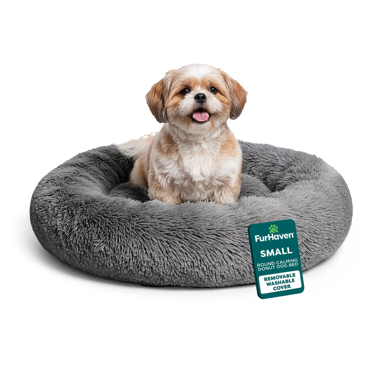 Furhaven 30" Round Calming Donut Dog Bed for Medium/Small Dogs, Refillable w/ Removable Washable Cover, For Dogs Up to 45 lbs - Shaggy Plush Long Faux Fur Donut Bed - Taupe, Medium