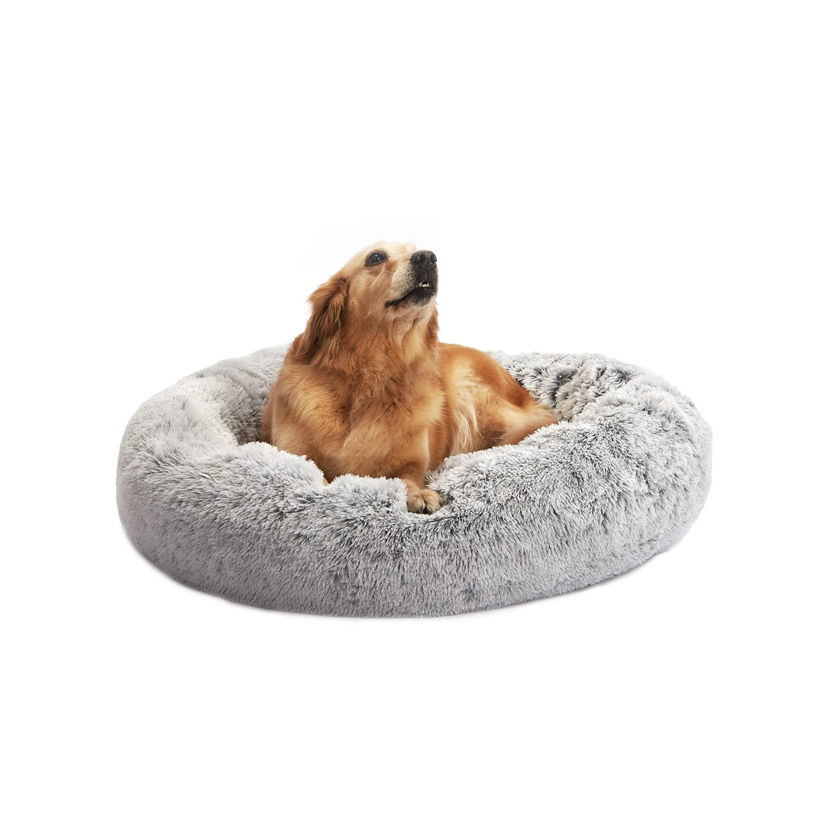 Bedfolks Calming Donut Dog Bed, 36 Inches Round Fluffy for Large Dogs, Anti-Anxiety Plush, Machine Washable (Dark Grey, Large)