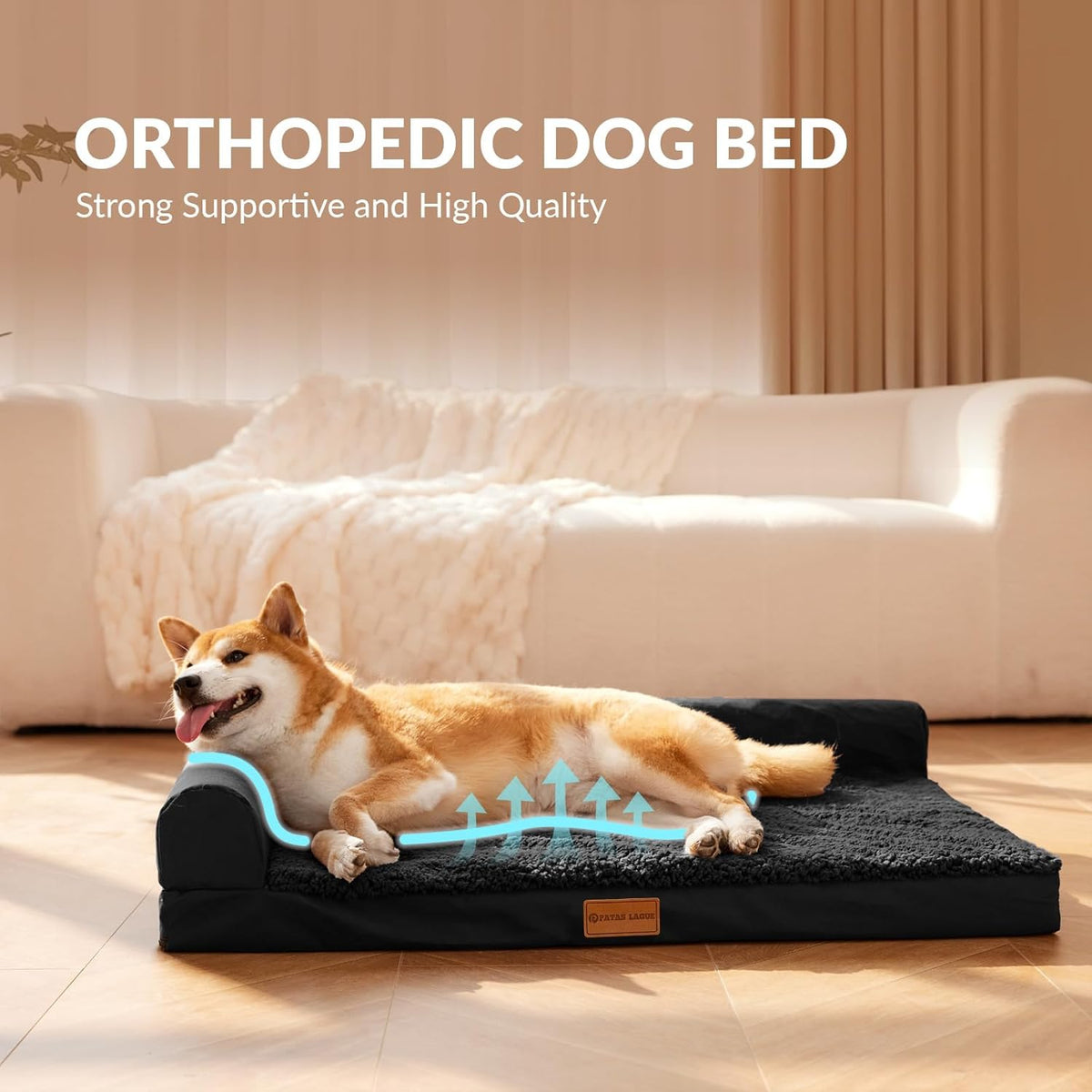 Patas Lague Orthopedic Dog Bed Large Sized Dog 36''X24'', Waterproof L Bolster Medium Pet Sofa Beds with Removable Washable Cover, Soft Pet Couch Crate Mat with Nonskid Bottom, Black
