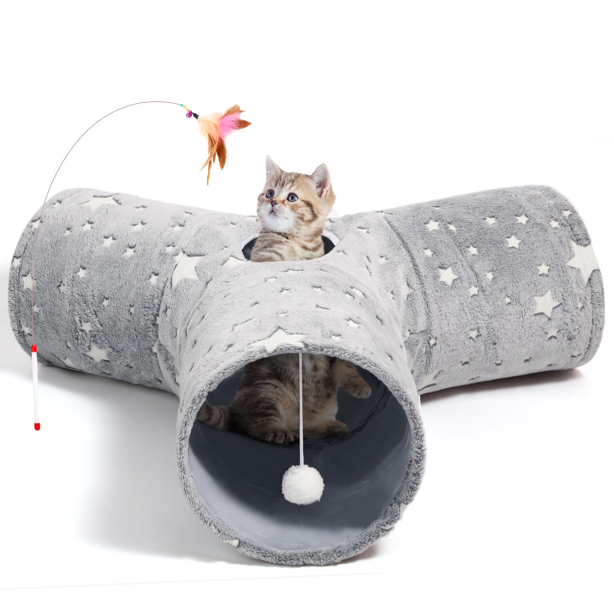 Tempcore Pet Cat Tunnel Tube Toys 3 Way Collapsible, Tunnels for Indoor Cats, Interactive Tube with Teaser Wand, Peek Holes & Hanging Ball, Black & Blue