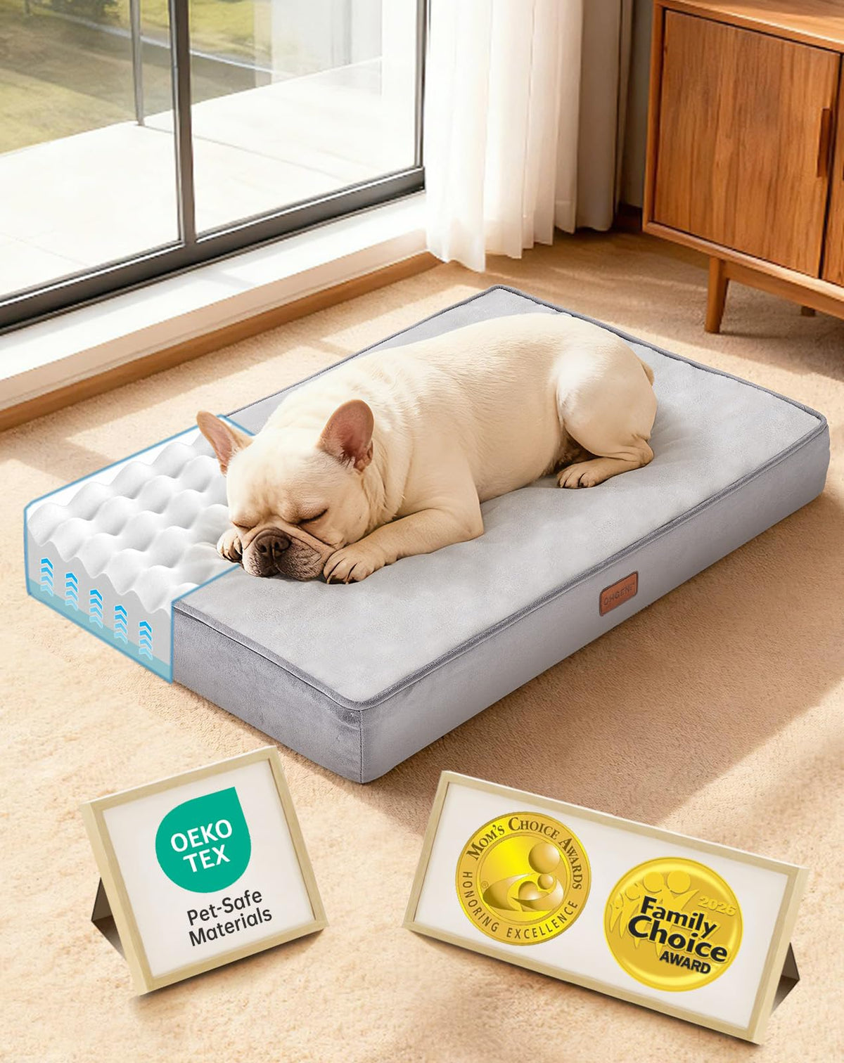 OhGeni Orthopedic Waterproof Dog Bed for Extra Large Dogs, Machine-Washable Removable Cover in Easy-Clean Fabric, Reversible Memory Foam & Easy-Carry Handle, Suitable for Crate, 41 inch (Gray)