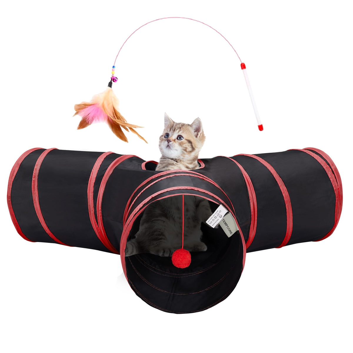 Tempcore Pet Cat Tunnel Tube Toys 3 Way Collapsible, Tunnels for Indoor Cats, Interactive Tube with Teaser Wand, Peek Holes & Hanging Ball, Black & Blue