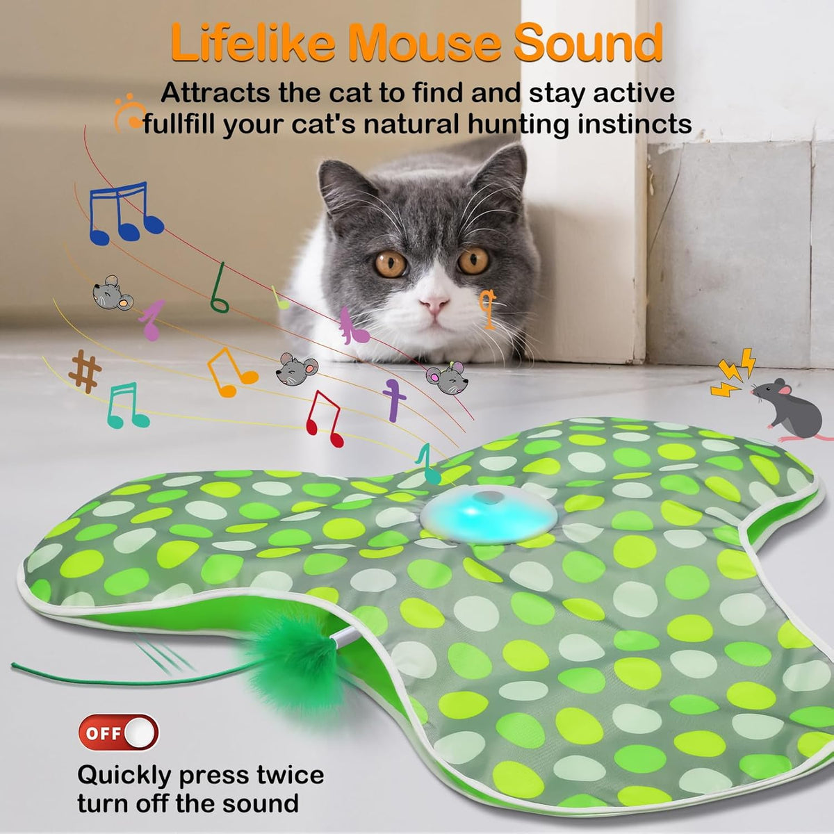umosis Interactive Cat Toys Rechargeable,Moving Concealed Feathers,Real Mouse Squeaky,Touch Activated Cat Kitten Toy Exercise Toys for Indoor Bored Adult Cats