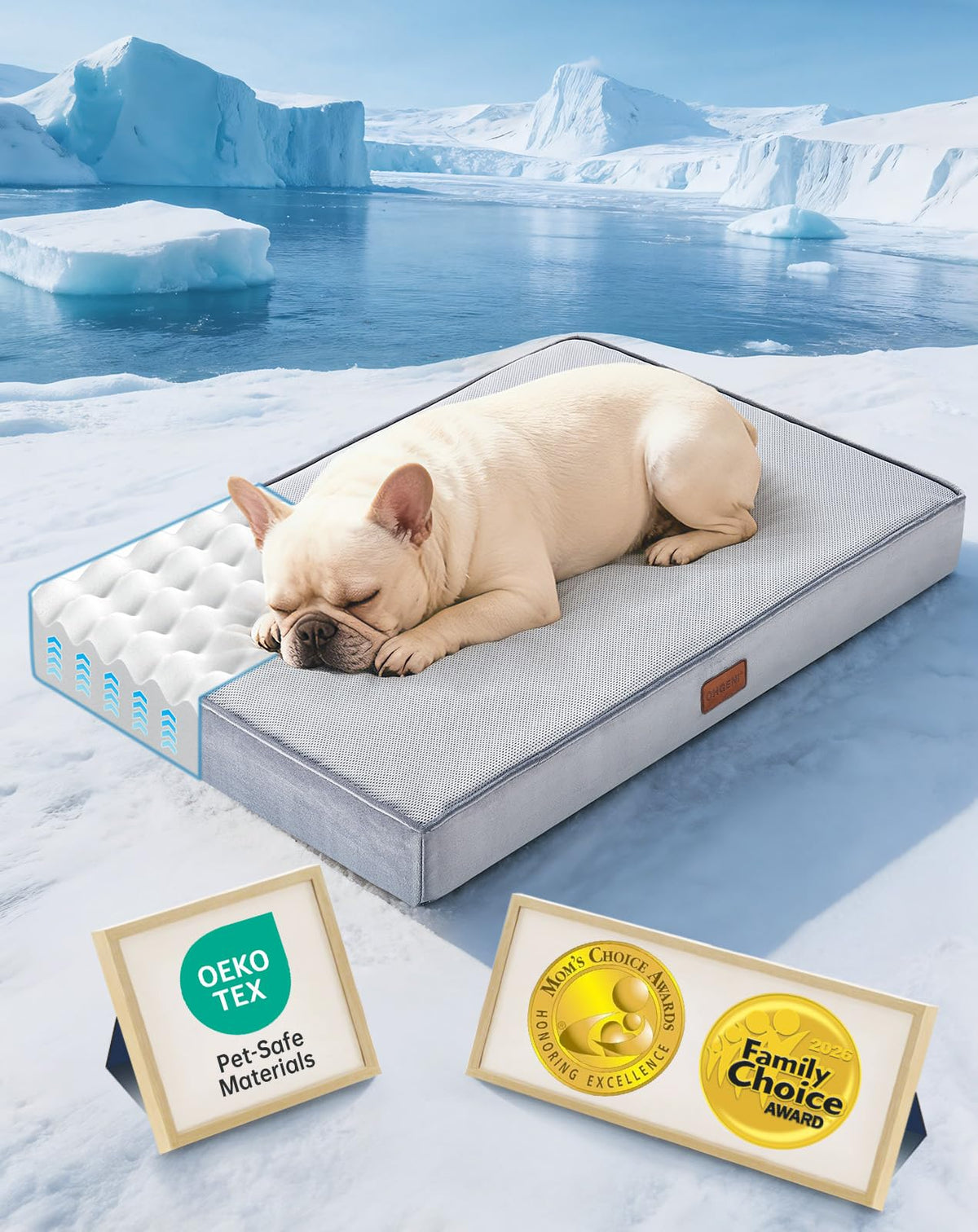 OhGeni Orthopedic Waterproof Dog Bed for Extra Large Dogs, Machine-Washable Removable Cover in Easy-Clean Fabric, Reversible Memory Foam & Easy-Carry Handle, Suitable for Crate, 41 inch (Gray)