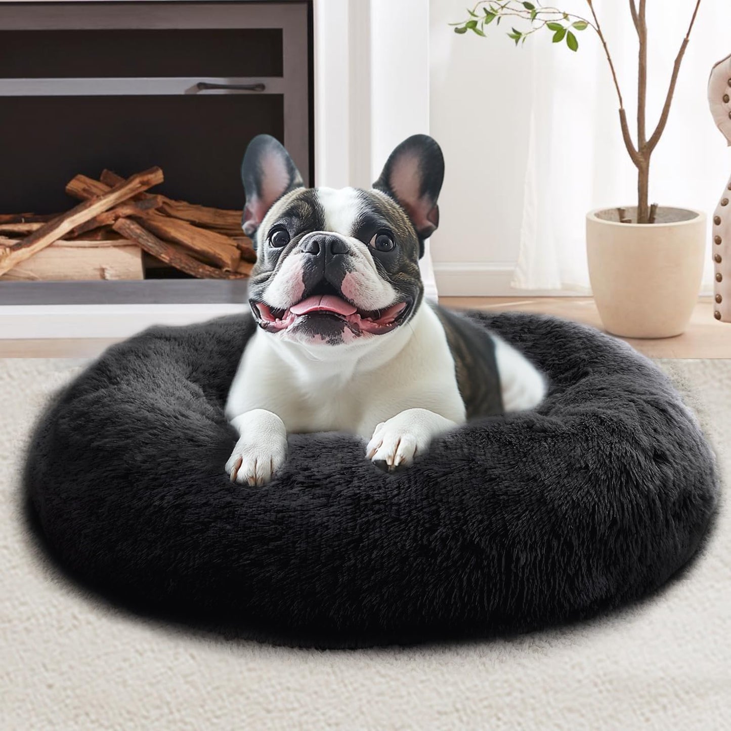 JOLLYVOGUE Small Dog Bed, Calming Dog Beds for Small Dogs & Indoor Cats - 20 Inches Donut Washable Cat Bed for Kittens & Puppies, Round Fluffy Plush Faux Fur Pet Beds(Smoke Grey)