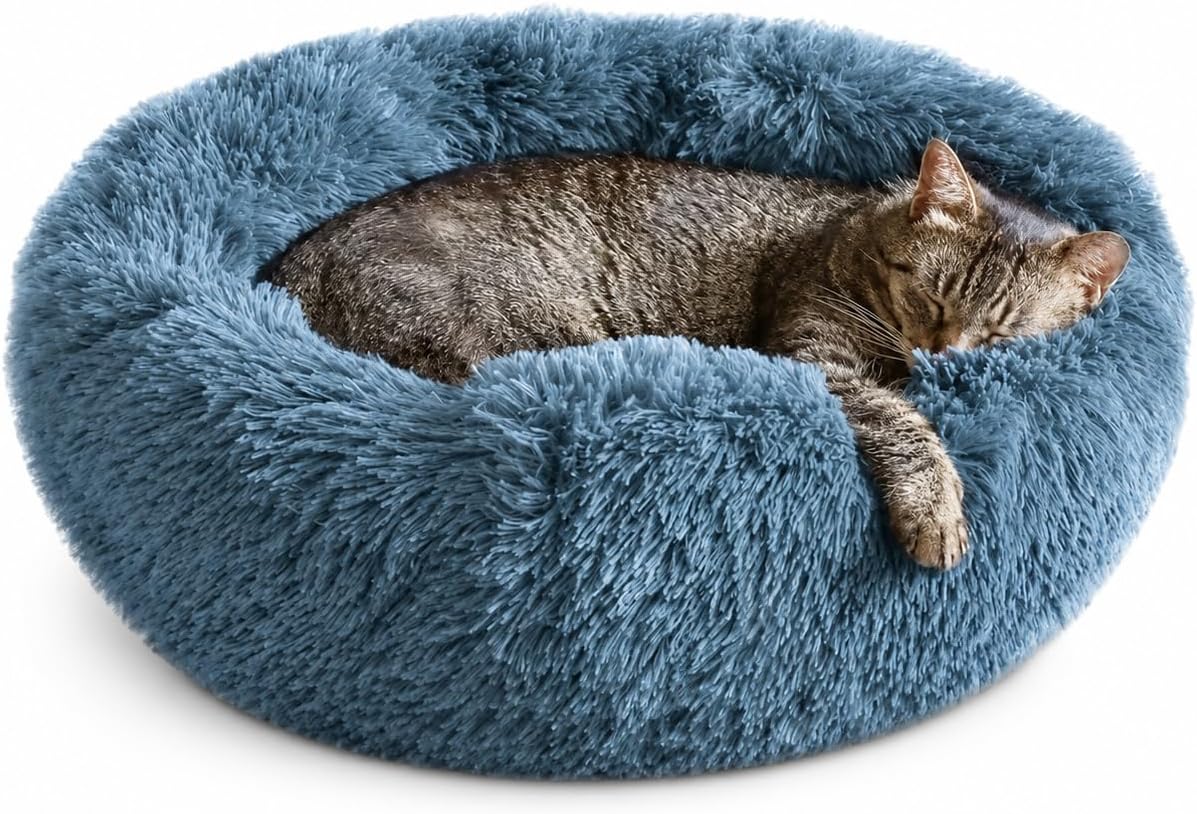 Whiskers & Friends Cat Beds for Indoor Cats, Fluffy Calming Donut Cat Bed, Small Dog Bed Washable - Orthopedic Soft Plush Pet Beds Sized for Kitten to Large Cats & Puppy to Small Dogs - Navy Grey 20''