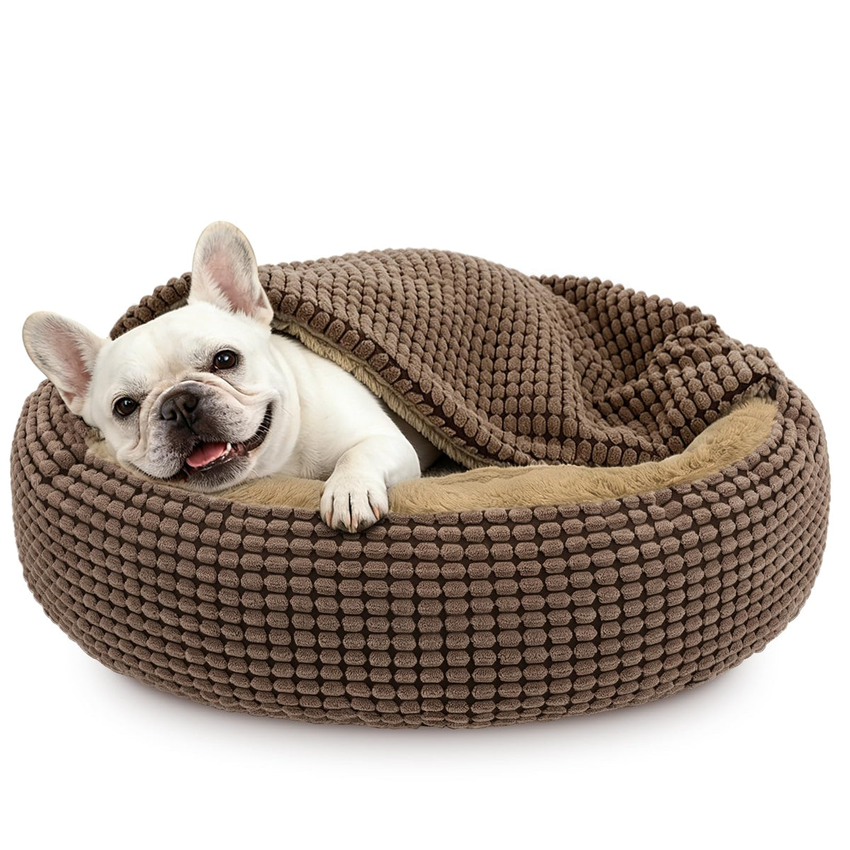 Small Dog Bed with Attached Blanket, Cozy Donut Cuddler Anti-Anxiety Hooded Pet Beds Calming Cave Bed. Orthopedic Round Puppy Beds for Dogs or Cats Washable, Anti-Slip Bottom, 23inch