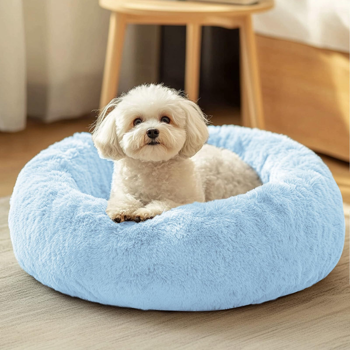 JOLLYVOGUE Small Dog Bed, Calming Soft Anti-Anxiety Donut Cat Bed, Washable Round Fluffy Cushion for Small and Medium Pets (20")