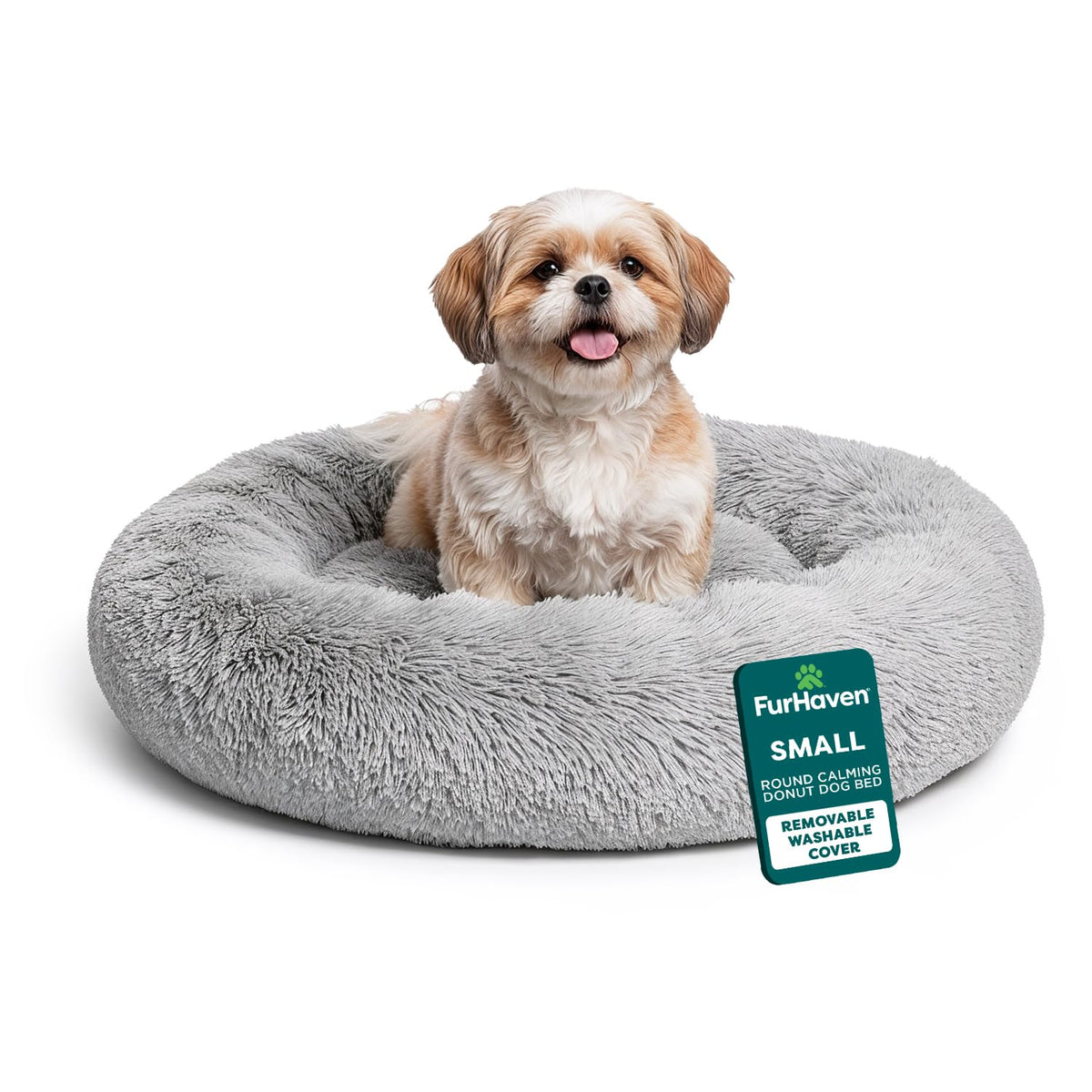 Furhaven 30" Round Calming Donut Dog Bed for Medium/Small Dogs, Refillable w/ Removable Washable Cover, For Dogs Up to 45 lbs - Shaggy Plush Long Faux Fur Donut Bed - Taupe, Medium