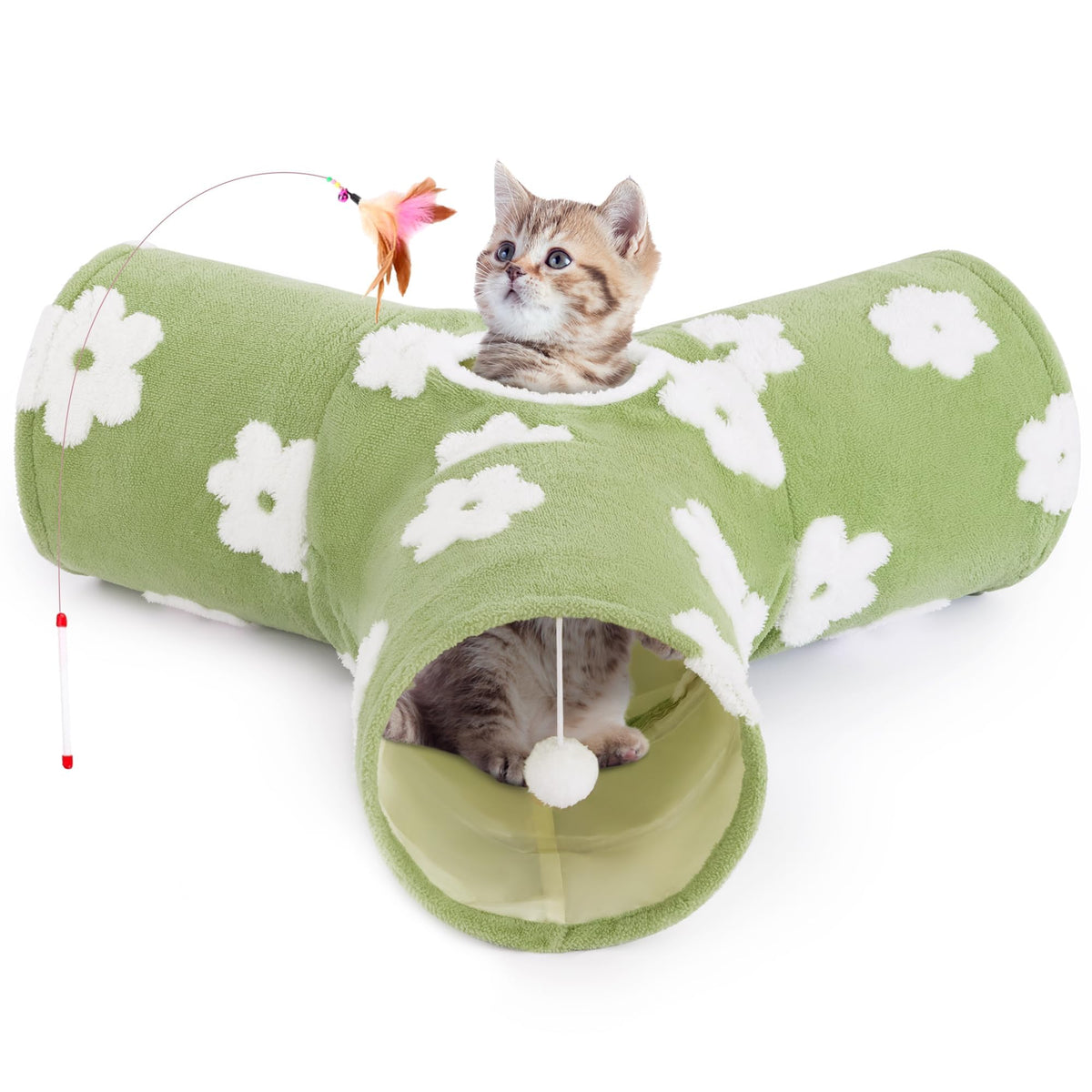 Tempcore Pet Cat Tunnel Tube Toys 3 Way Collapsible, Tunnels for Indoor Cats, Interactive Tube with Teaser Wand, Peek Holes & Hanging Ball, Black & Blue
