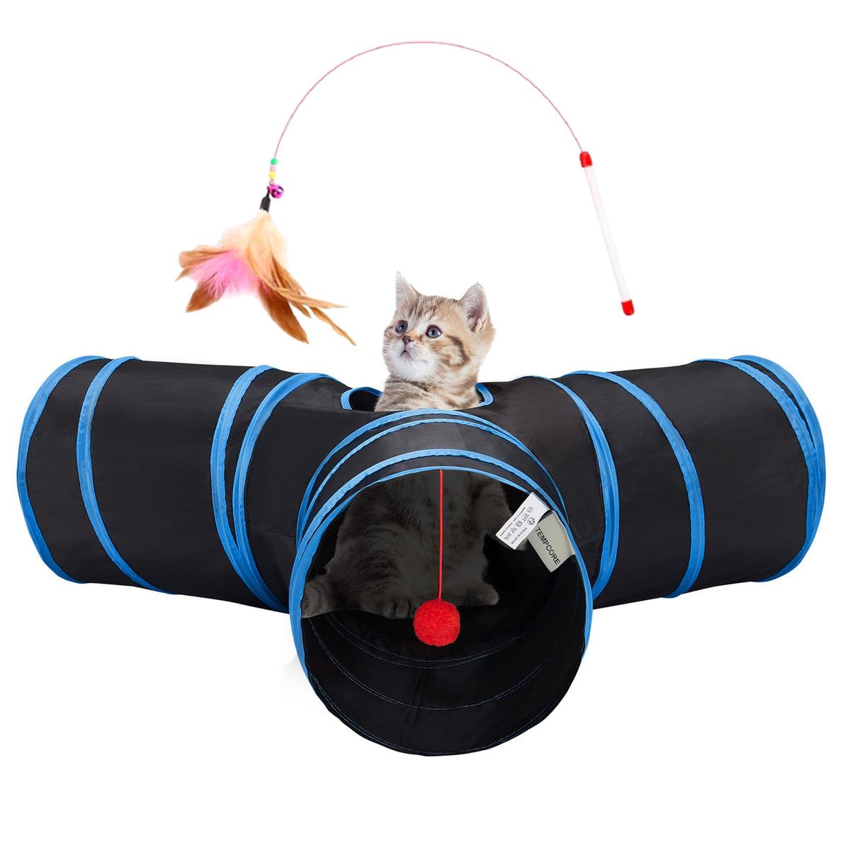 Tempcore Pet Cat Tunnel Tube Toys 3 Way Collapsible, Tunnels for Indoor Cats, Interactive Tube with Teaser Wand, Peek Holes & Hanging Ball, Black & Blue