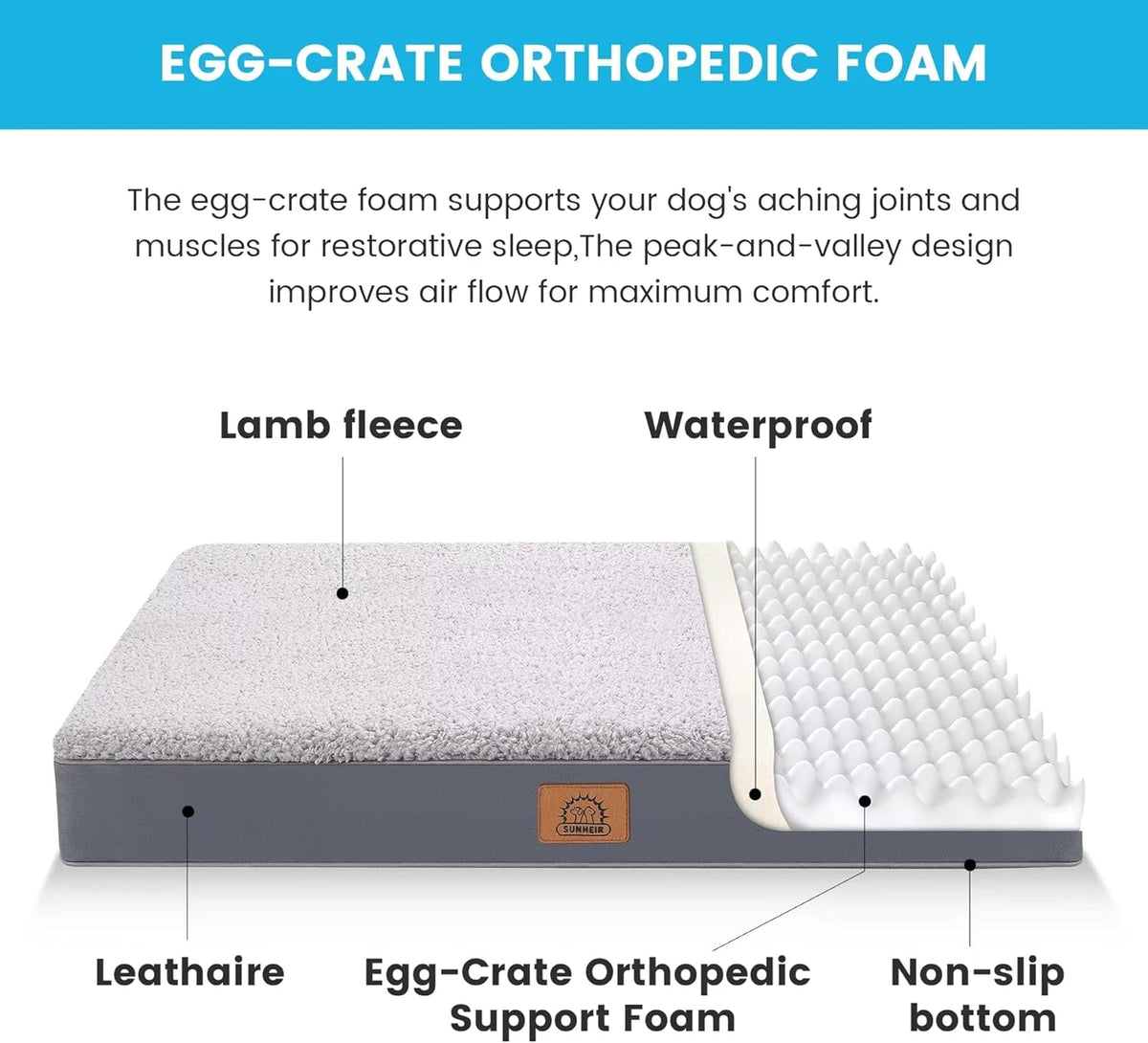 Sunheir Orthopedic Dog Bed for Large Dogs - Big Waterproof Dog Crate Bed with Removable Washable Cover, Egg Crate Foam Support, Anti-Slip Bottom, Deluxe Plush Pet Bed Mat (Grey)