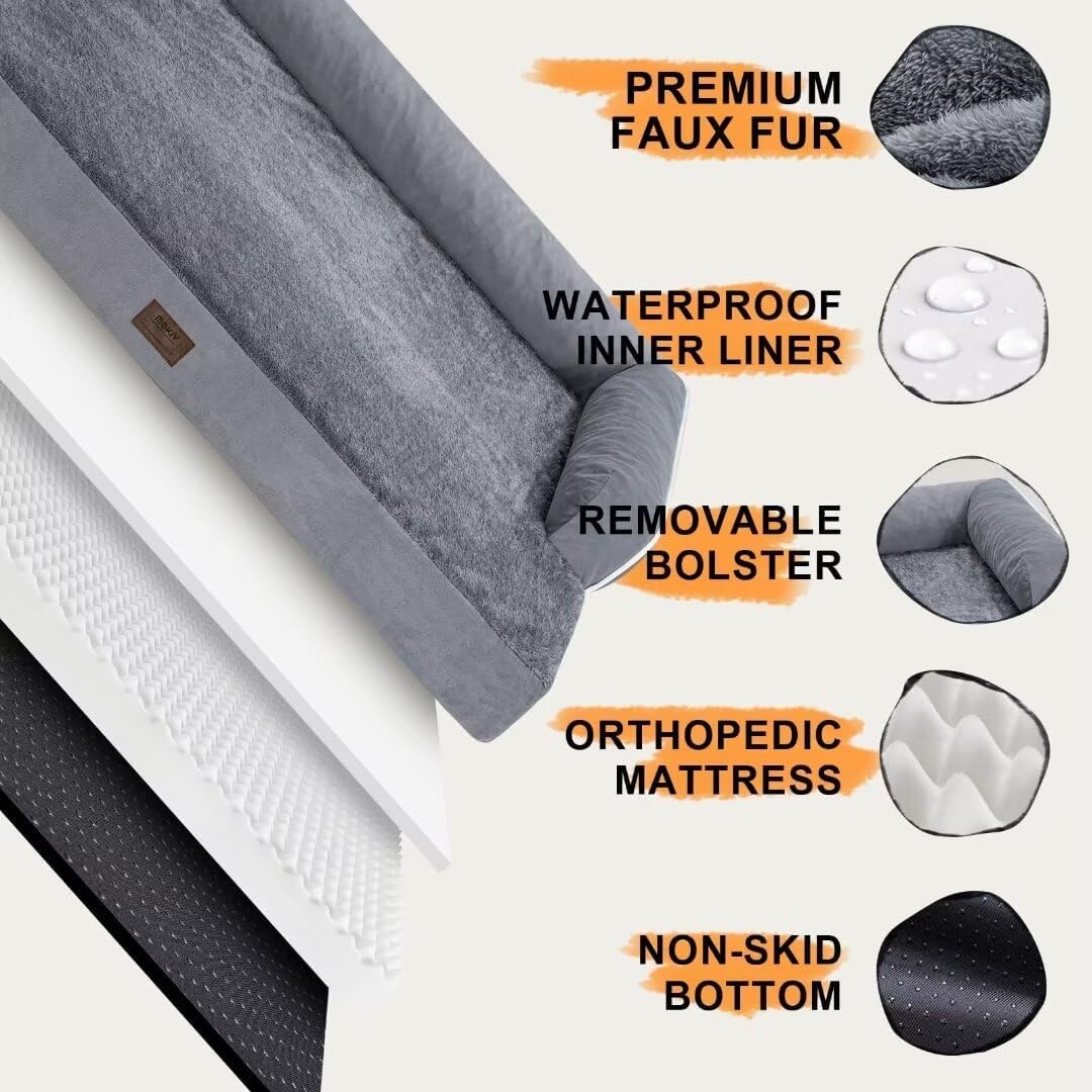 MEKIY Orthopedic Washable Dog Bed with Bolster for Medium to Large Dogs | Pillow Support for Neck Relief, Egg Crate Foam, Waterproof Liner, Anti-Slip Bottom, Removable Bolster Cover, 36 x 27 Inch