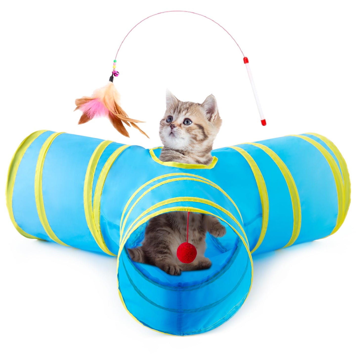 Tempcore Pet Cat Tunnel Tube Toys 3 Way Collapsible, Tunnels for Indoor Cats, Interactive Tube with Teaser Wand, Peek Holes & Hanging Ball, Black & Blue