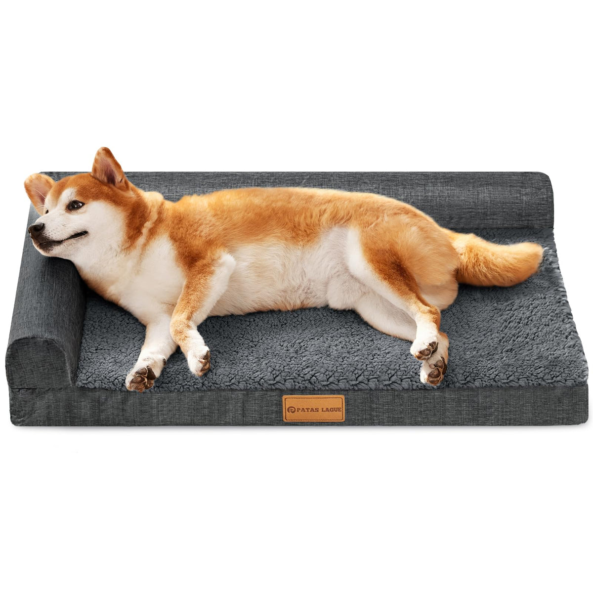 Patas Lague Orthopedic Dog Bed Large Sized Dog 36''X24'', Waterproof L Bolster Medium Pet Sofa Beds with Removable Washable Cover, Soft Pet Couch Crate Mat with Nonskid Bottom, Black
