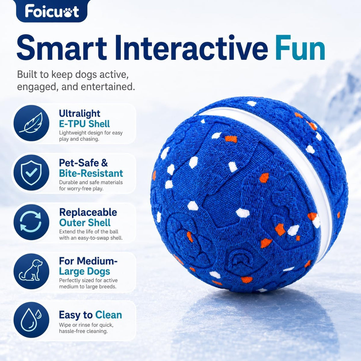 Interactive Dog Ball Toy[Newly Upgraded], Durable E-TPU Material, 3 Play Modes with Colorful Lights, E-TPU USB-C Rechargeable, IPX7 Waterproof Rating for Puppy, Medium and Large Dogs