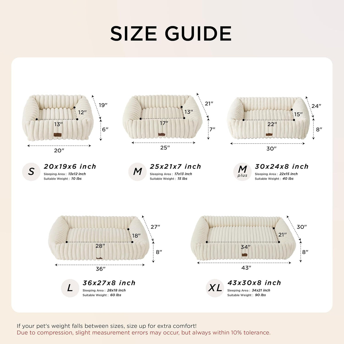 Bedsure ComfyFleece™ Cute Dog Bed for Small Medium Dogs - Washable Furry Puppy Beds, Rectangle Orthopedic Corduroy Fleece Pet Beds with Removable Zipper Cover, 25x21x7inches, Cream