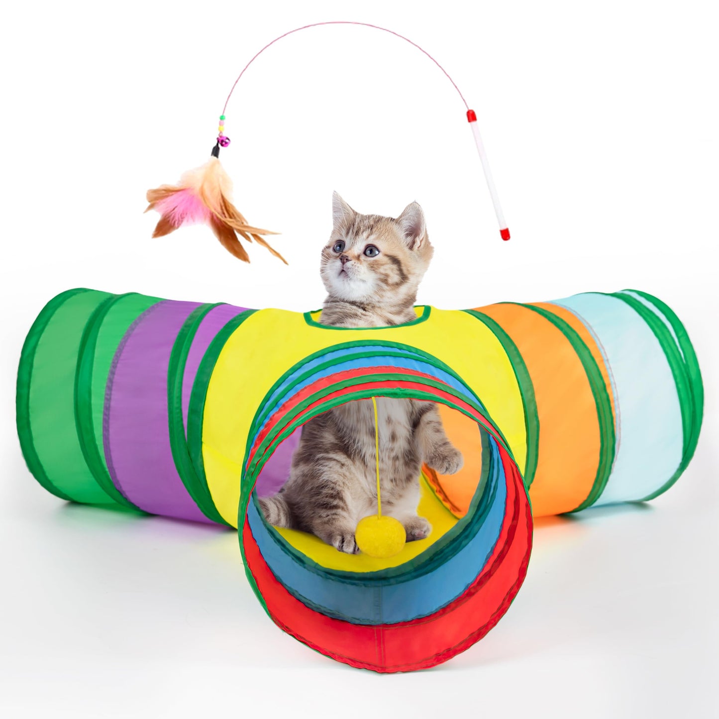Tempcore Pet Cat Tunnel Tube Toys 3 Way Collapsible, Tunnels for Indoor Cats, Interactive Tube with Teaser Wand, Peek Holes & Hanging Ball, Black & Blue