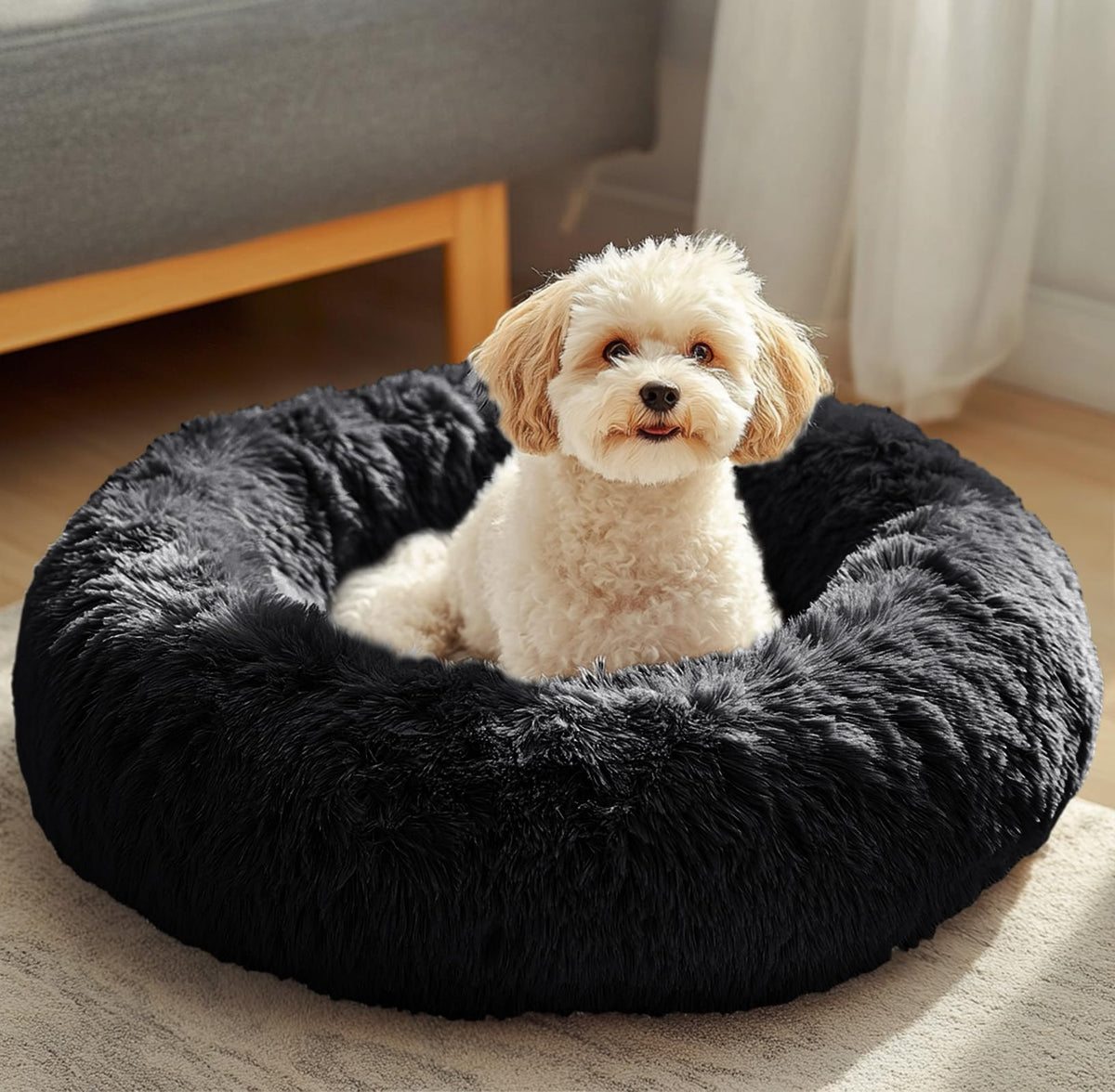 JOLLYVOGUE Small Dog Bed, Calming Soft Anti-Anxiety Donut Cat Bed, Washable Round Fluffy Cushion for Small and Medium Pets (20")