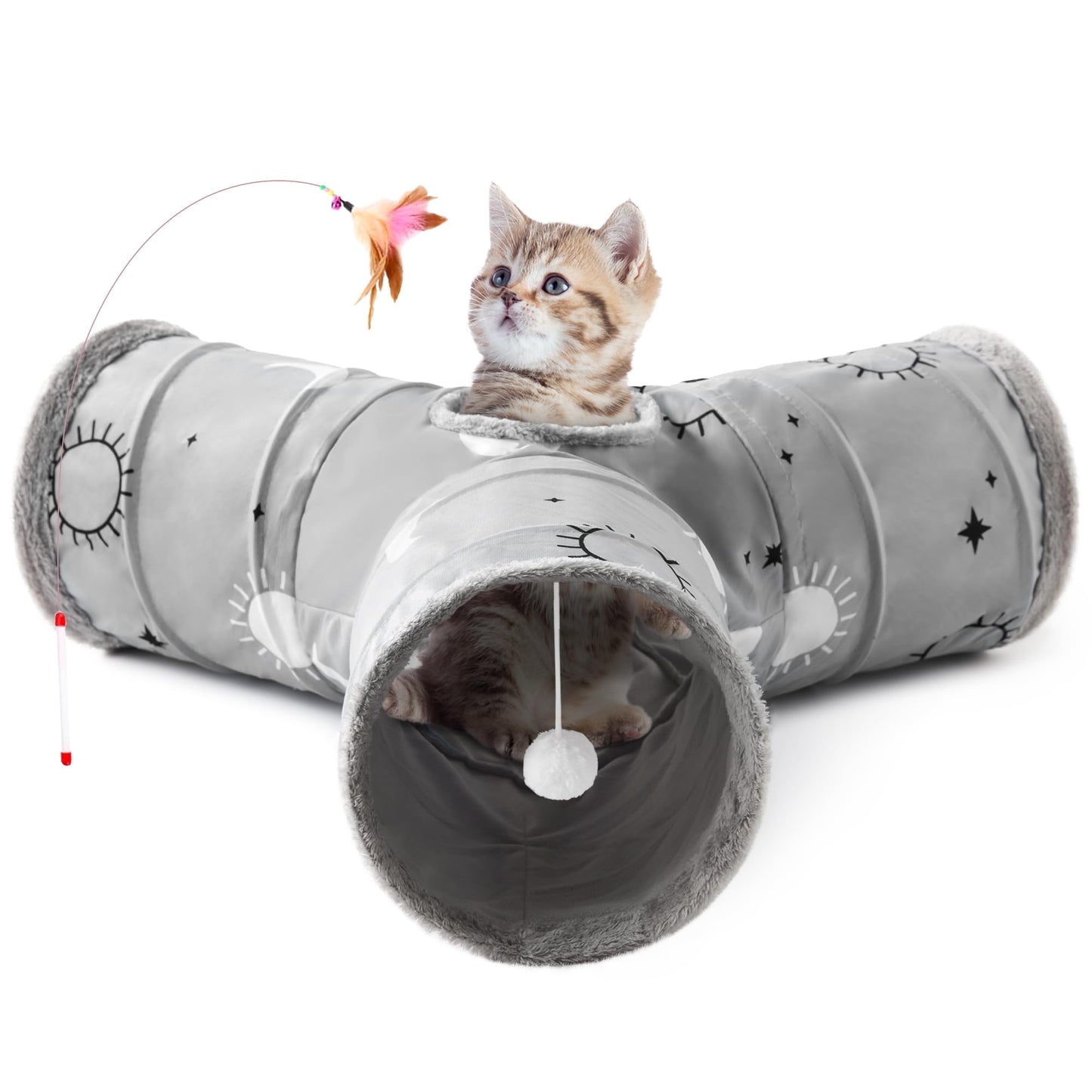 Tempcore Pet Cat Tunnel Tube Toys 3 Way Collapsible, Tunnels for Indoor Cats, Interactive Tube with Teaser Wand, Peek Holes & Hanging Ball, Black & Blue