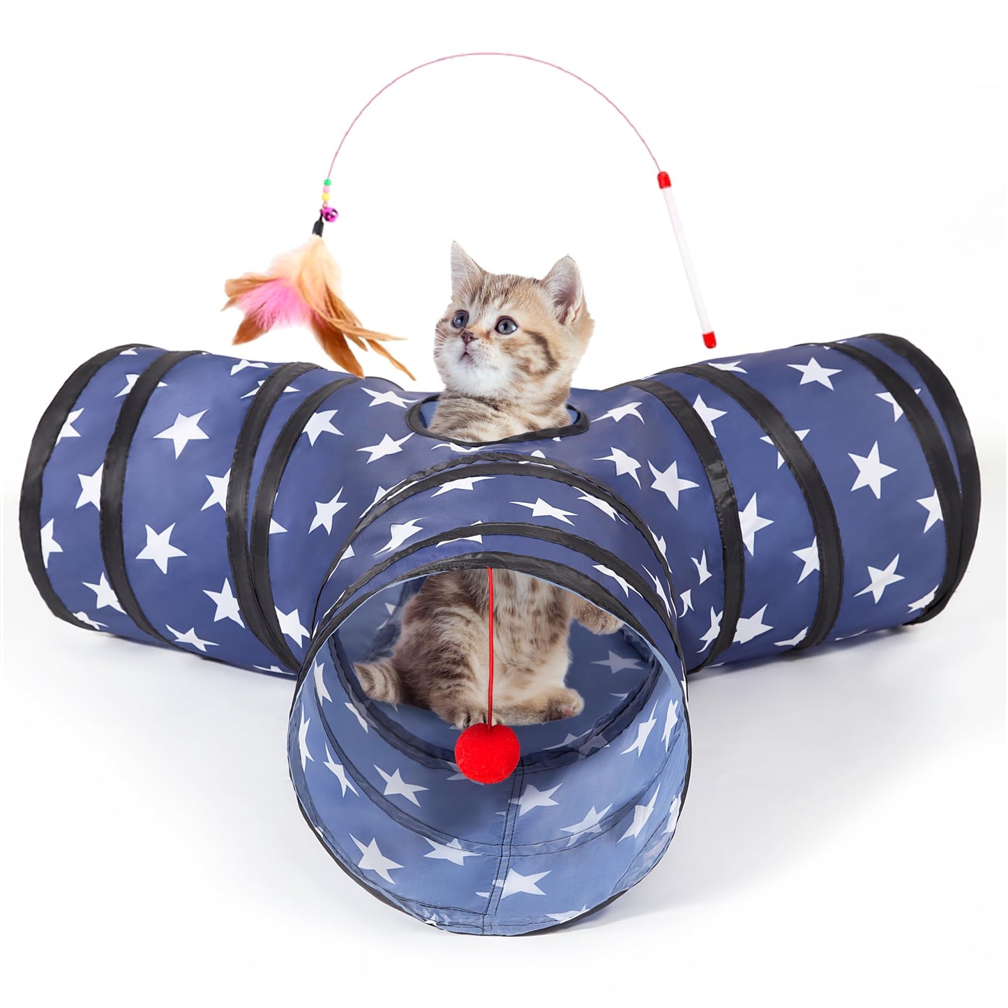 Tempcore Pet Cat Tunnel Tube Toys 3 Way Collapsible, Tunnels for Indoor Cats, Interactive Tube with Teaser Wand, Peek Holes & Hanging Ball, Black & Blue