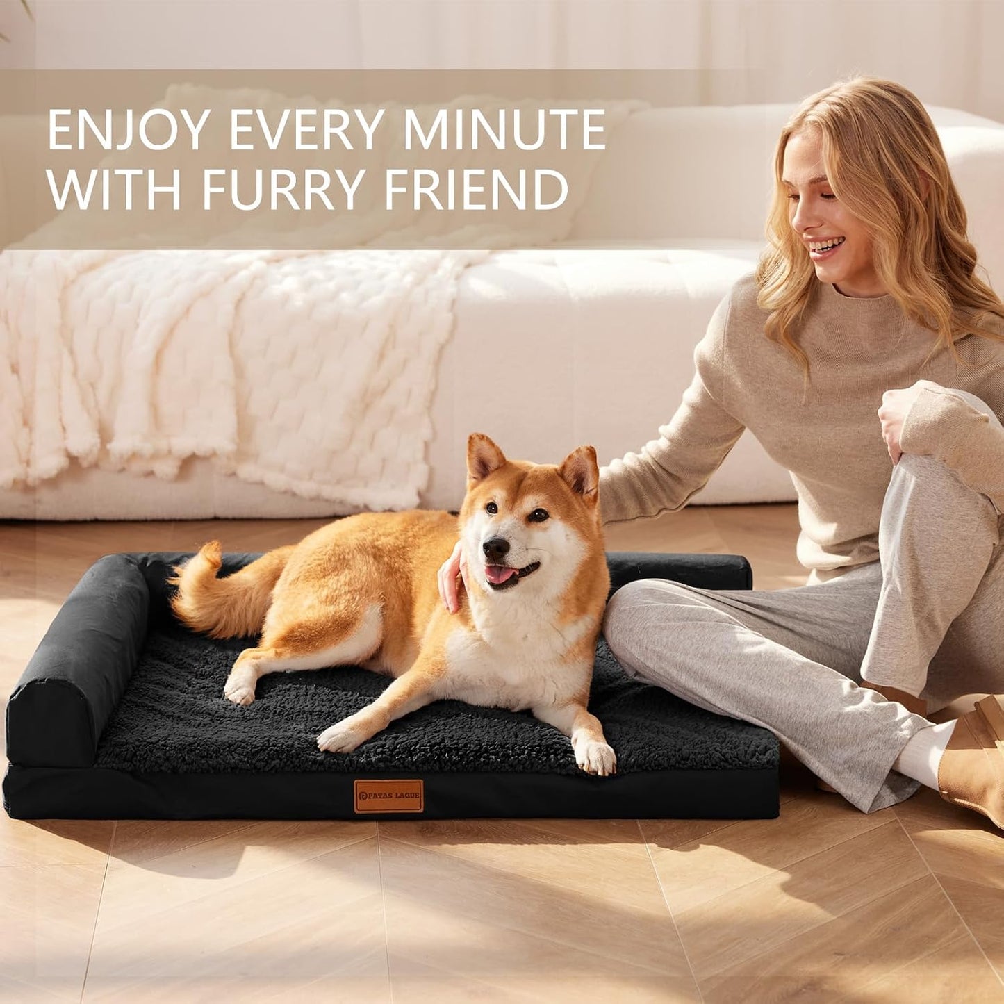 Patas Lague Orthopedic Dog Bed Large Sized Dog 36''X24'', Waterproof L Bolster Medium Pet Sofa Beds with Removable Washable Cover, Soft Pet Couch Crate Mat with Nonskid Bottom, Black