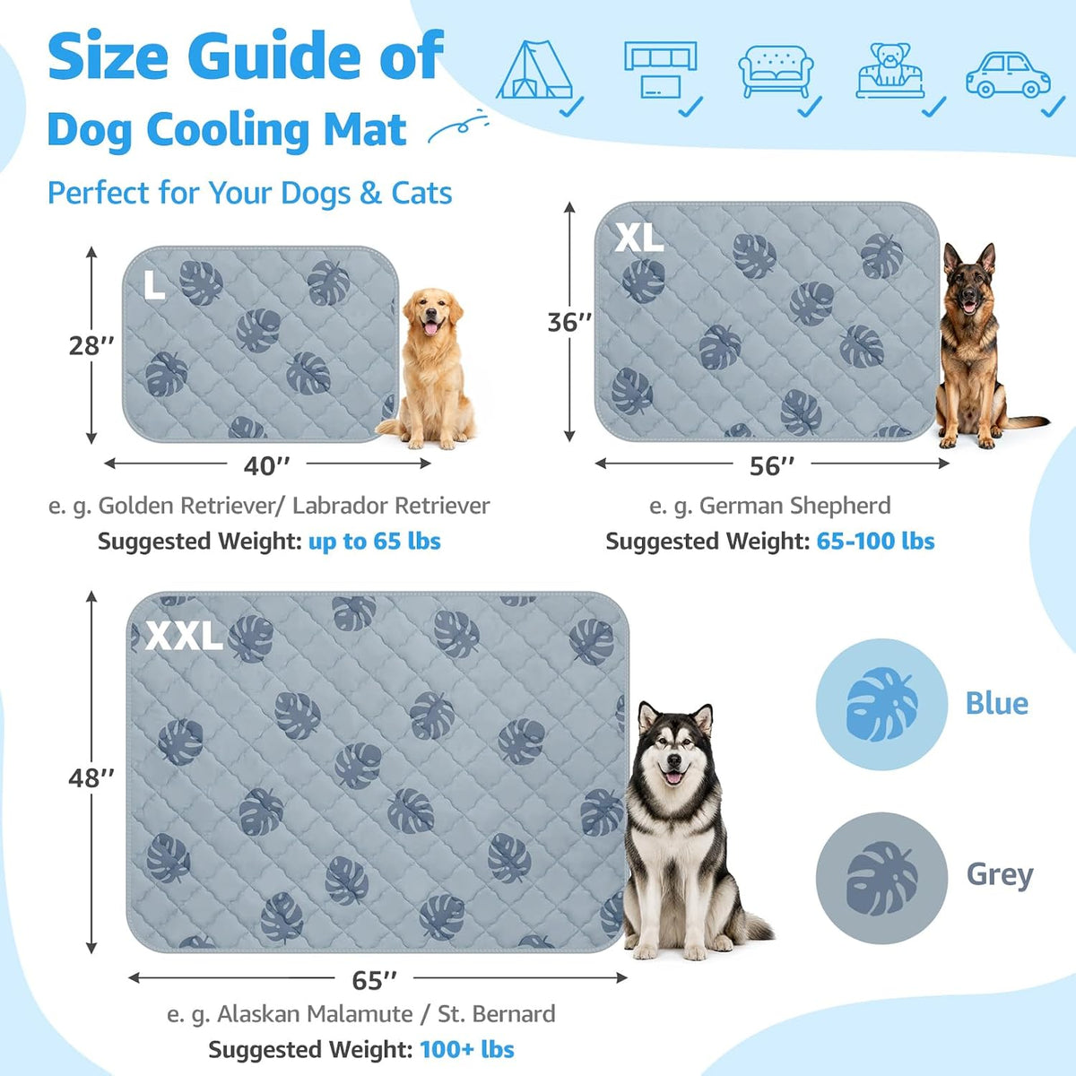 LOOBANI Dog Cooling Mat for Large Dogs - 56"x36" Pet Cooling Mat with Anti-Slip Bottom, Waterproof Self-Cooling Dog Pad for Crate, Floor & Car, Grey Monstera (Grey, 56"x36")
