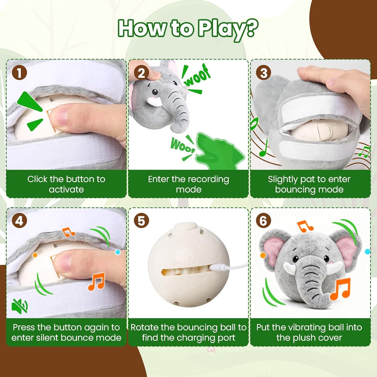 Interactive Dog Toys, Self Moving Dog Toy with Squeaky Bouncing Ball & Jumping Music Recording Mode, Rechargeable Vibrating Dogs Toy for Small Medium Large Dogs to Keep Them Busy (Elephant)