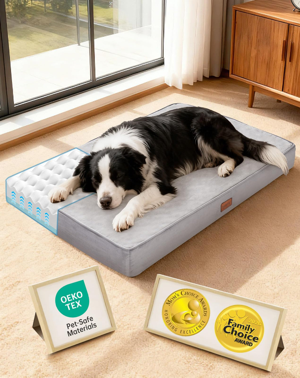 OhGeni Orthopedic Waterproof Dog Bed for Extra Large Dogs, Machine-Washable Removable Cover in Easy-Clean Fabric, Reversible Memory Foam & Easy-Carry Handle, Suitable for Crate, 41 inch (Gray)
