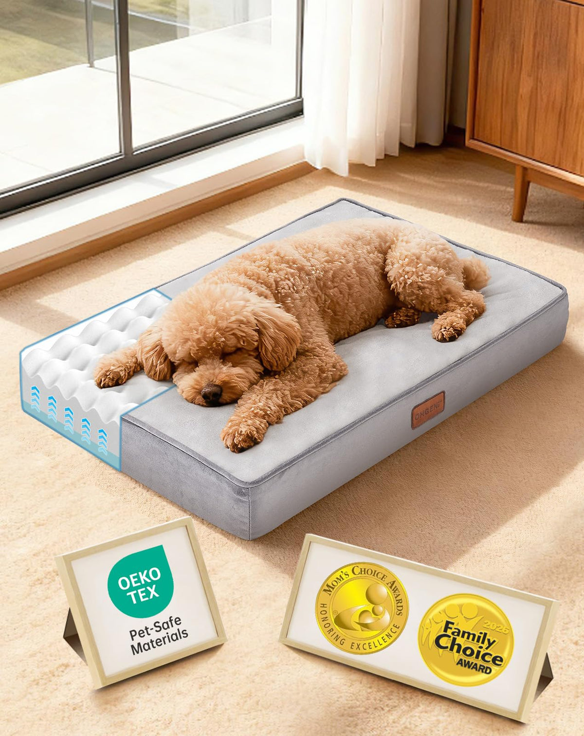 OhGeni Orthopedic Waterproof Dog Bed for Extra Large Dogs, Machine-Washable Removable Cover in Easy-Clean Fabric, Reversible Memory Foam & Easy-Carry Handle, Suitable for Crate, 41 inch (Gray)