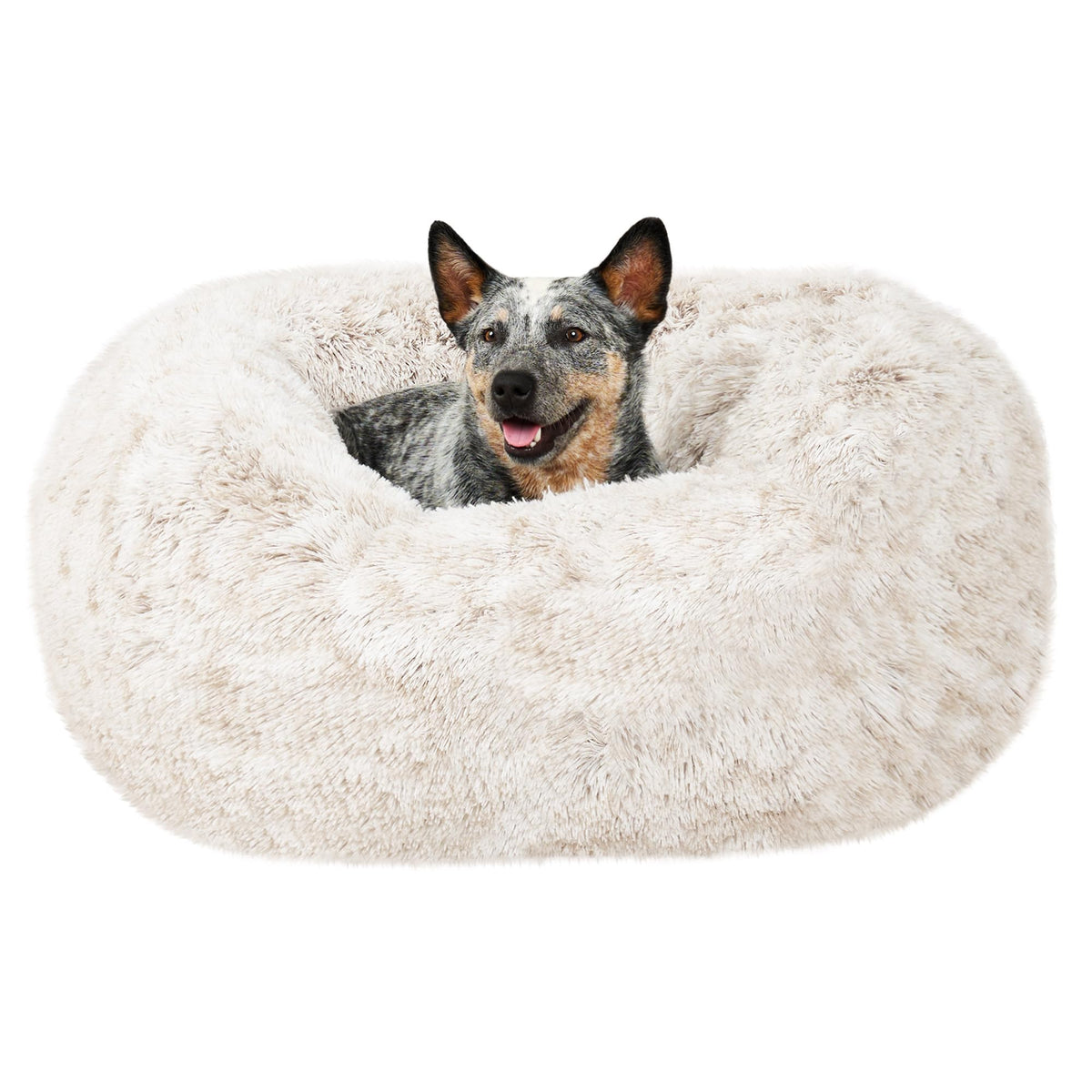 Furhaven 30" Round Calming Donut Dog Bed for Medium/Small Dogs, Refillable w/ Removable Washable Cover, For Dogs Up to 45 lbs - Shaggy Plush Long Faux Fur Donut Bed - Taupe, Medium