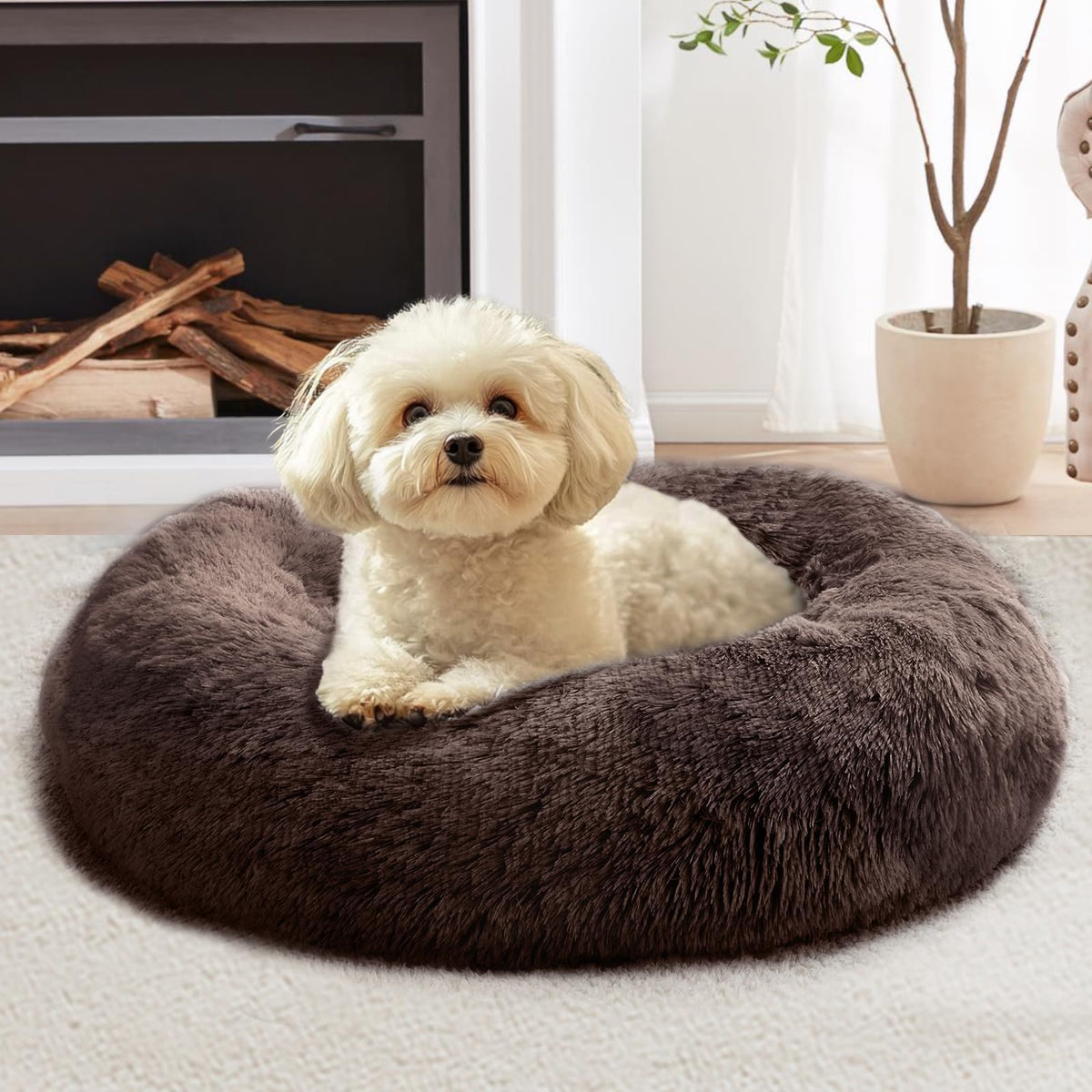 JOLLYVOGUE Small Dog Bed, Calming Dog Beds for Small Dogs & Indoor Cats - 20 Inches Donut Washable Cat Bed for Kittens & Puppies, Round Fluffy Plush Faux Fur Pet Beds(Smoke Grey)