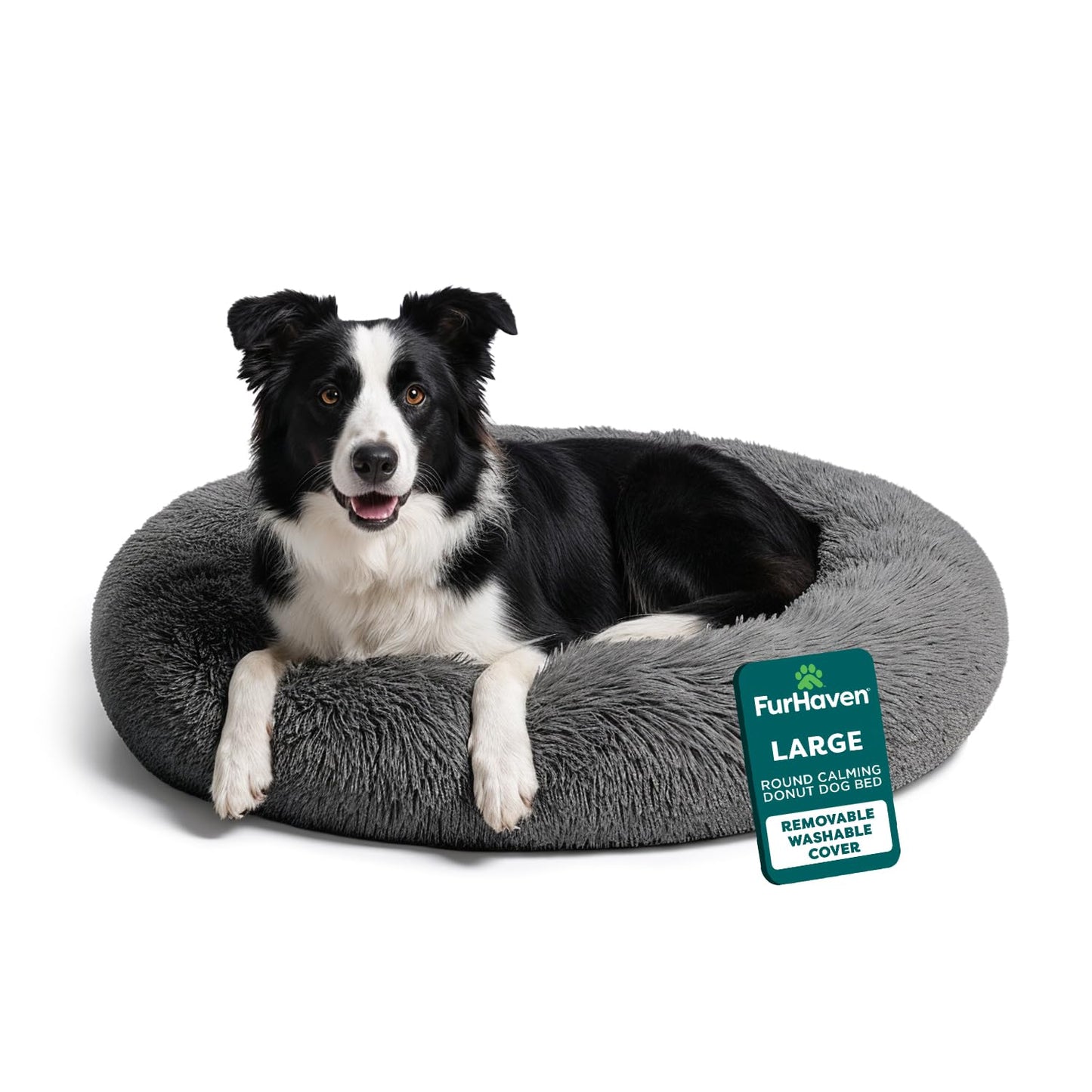 Furhaven 30" Round Calming Donut Dog Bed for Medium/Small Dogs, Refillable w/ Removable Washable Cover, For Dogs Up to 45 lbs - Shaggy Plush Long Faux Fur Donut Bed - Taupe, Medium