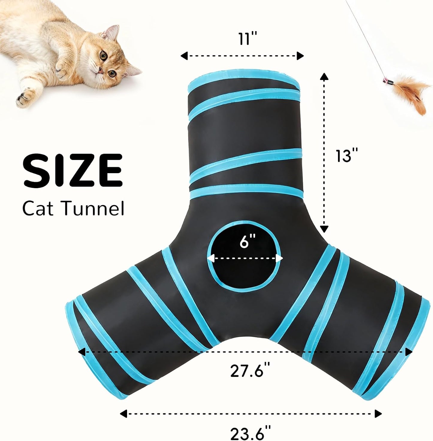 Tempcore Pet Cat Tunnel Tube Toys 3 Way Collapsible, Tunnels for Indoor Cats, Interactive Tube with Teaser Wand, Peek Holes & Hanging Ball, Black & Blue