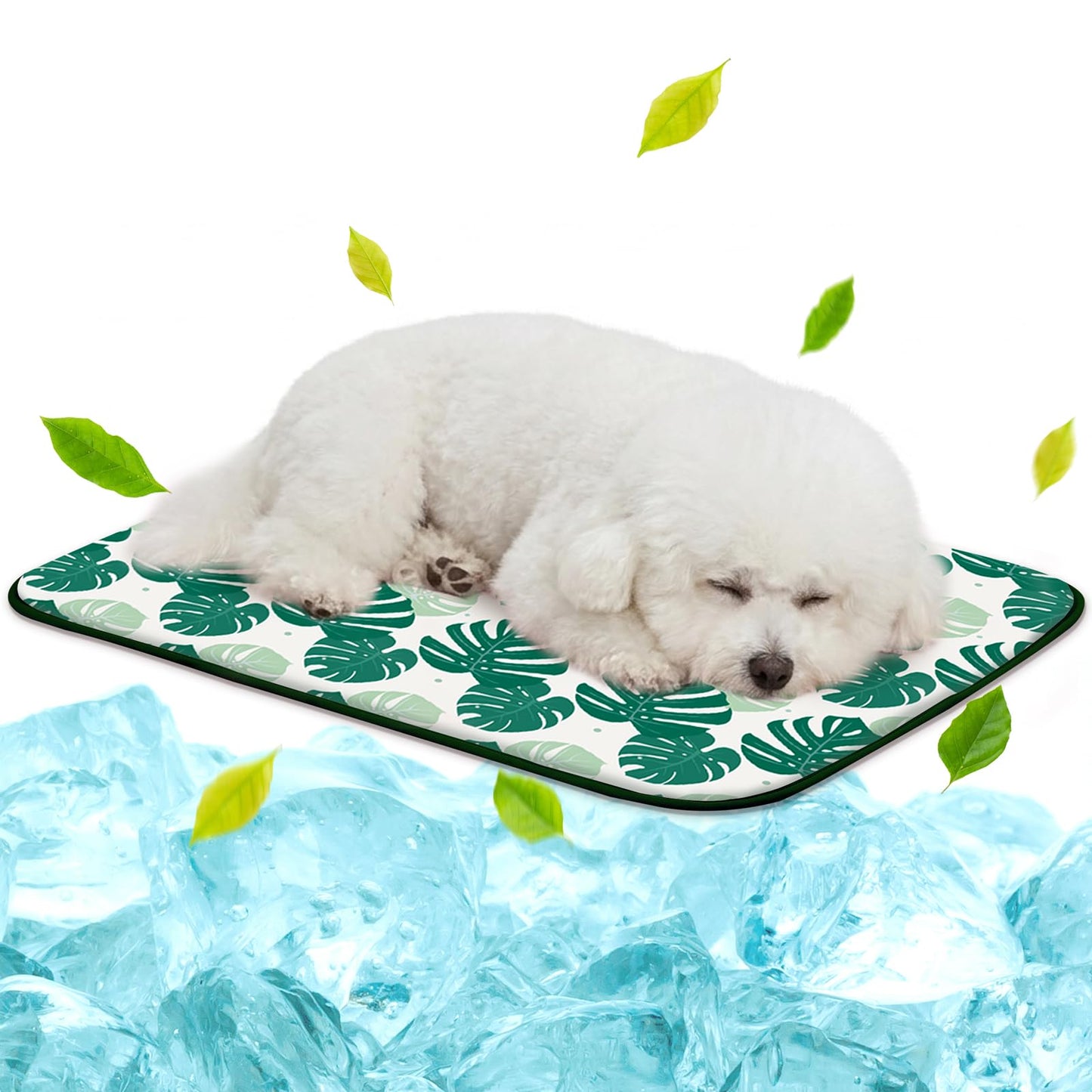 NWK Pet Cooling Mat -Q-Max>0.345 Ice Silk Cooling Mat for Dogs & Cats Portable & Washable Pet Cooling Blanket, Car Seats, Beds for Summer (Green Leaf, 20'' X 16'' X 0.3'')