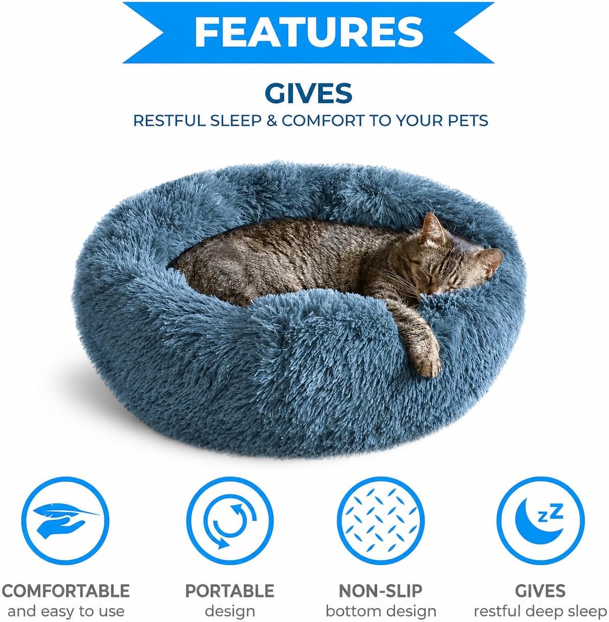 Whiskers & Friends Cat Beds for Indoor Cats, Fluffy Calming Donut Cat Bed, Small Dog Bed Washable - Orthopedic Soft Plush Pet Beds Sized for Kitten to Large Cats & Puppy to Small Dogs - Navy Grey 20''