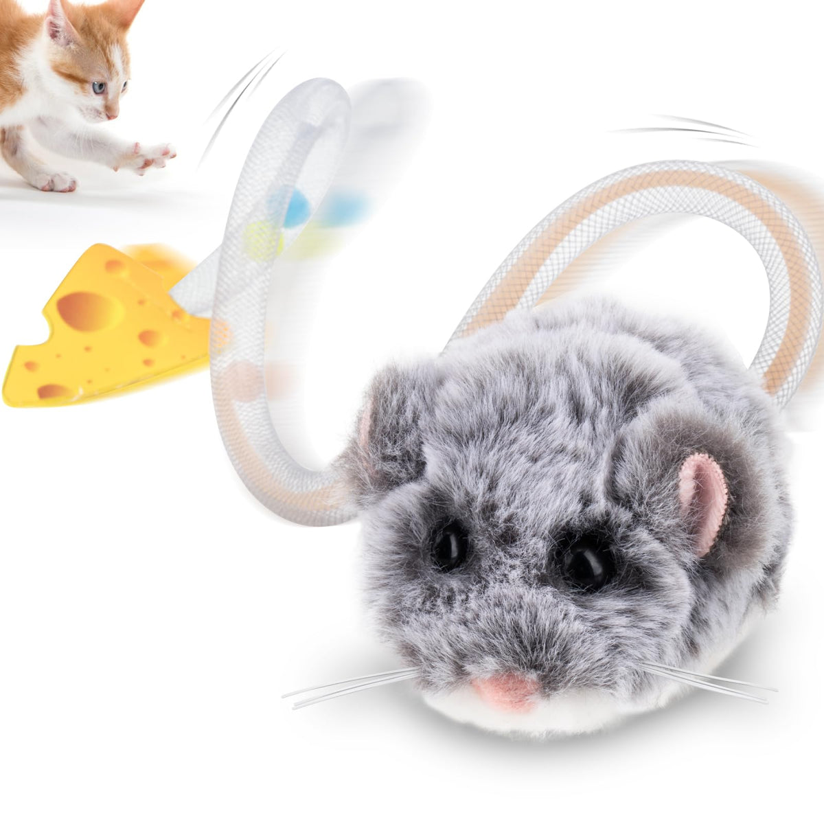 Migipaws Interactive MigiMouse Cat Toy 360° Rolling & Spin with Mesh Plastic Tail for Indoor Cats Smart Motion Sensor, Realistic Squeak, Rechargeable Plush Kitten Toy(Grey)
