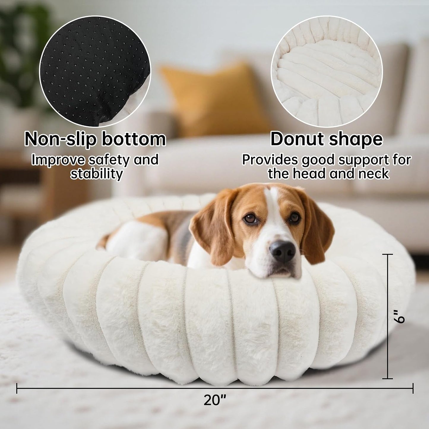 Donut Dog and Cat Bed, Luxurious Comfortable Faux Rabbit Fur Pet Beds, Round Anti-Anxiety Calming Puppy Kitten Bed with Anti-Slip Bottom for Small Medium Dogs & Cats(20", White)