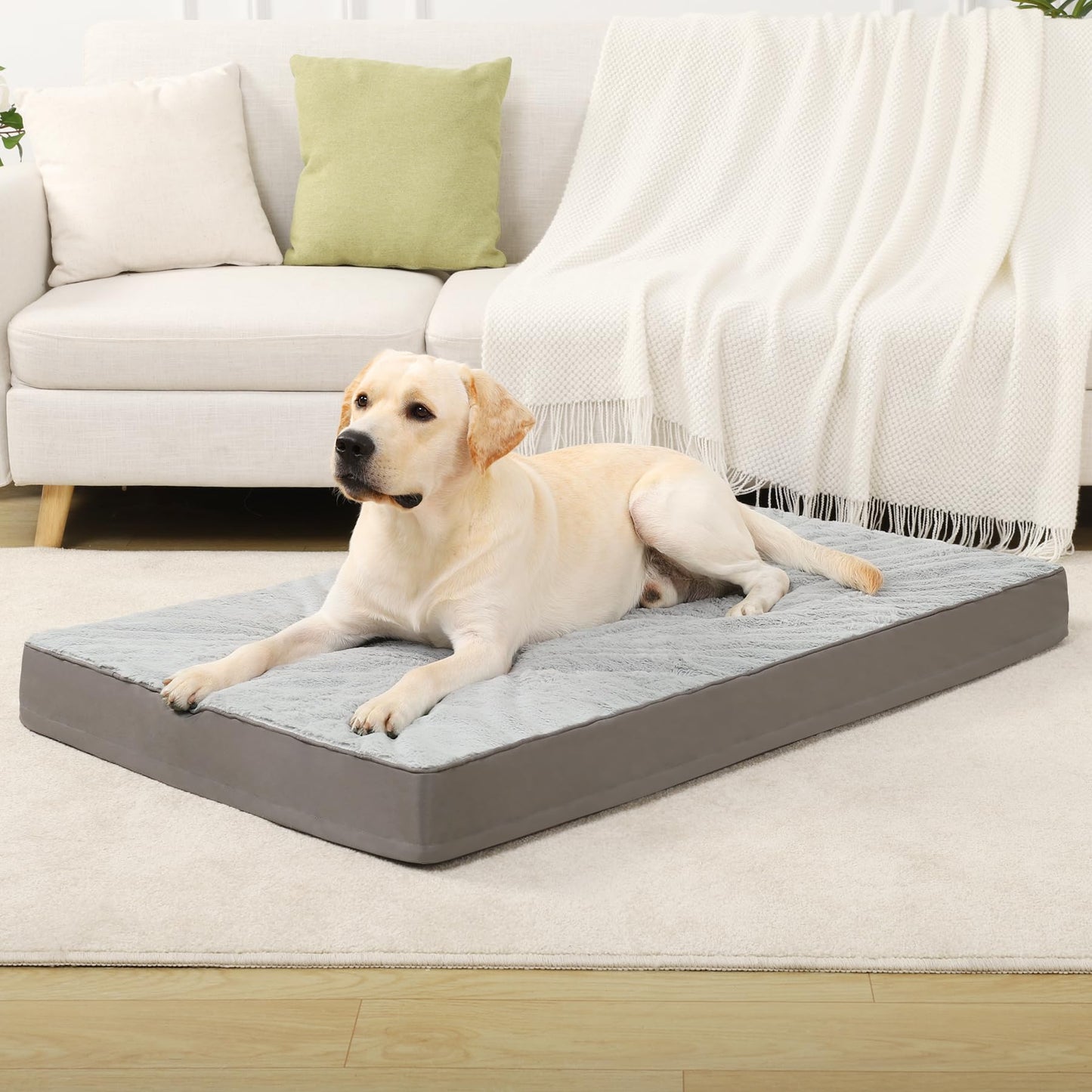 KSIIA Orthopedic Dog Bed Dog Crate Bed Waterproof for Large Dogs Deluxe Plush Washable Pet Mat with Egg Crate Foam & Removable Cover, 35 x 22 Inch, Gray