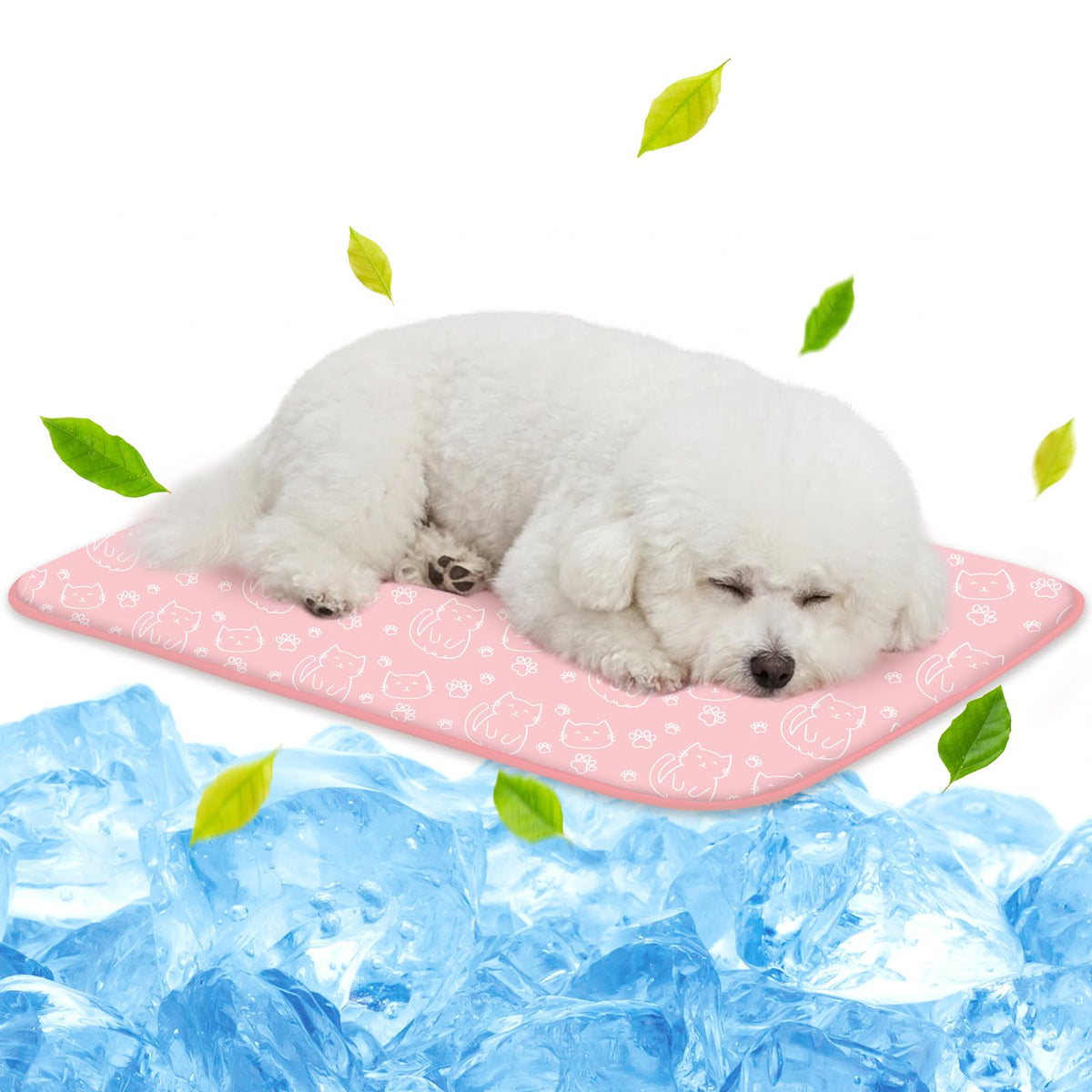 NWK Pet Cooling Mat -Q-Max>0.345 Ice Silk Cooling Mat for Dogs & Cats Portable & Washable Pet Cooling Blanket, Car Seats, Beds for Summer (Green Leaf, 20'' X 16'' X 0.3'')